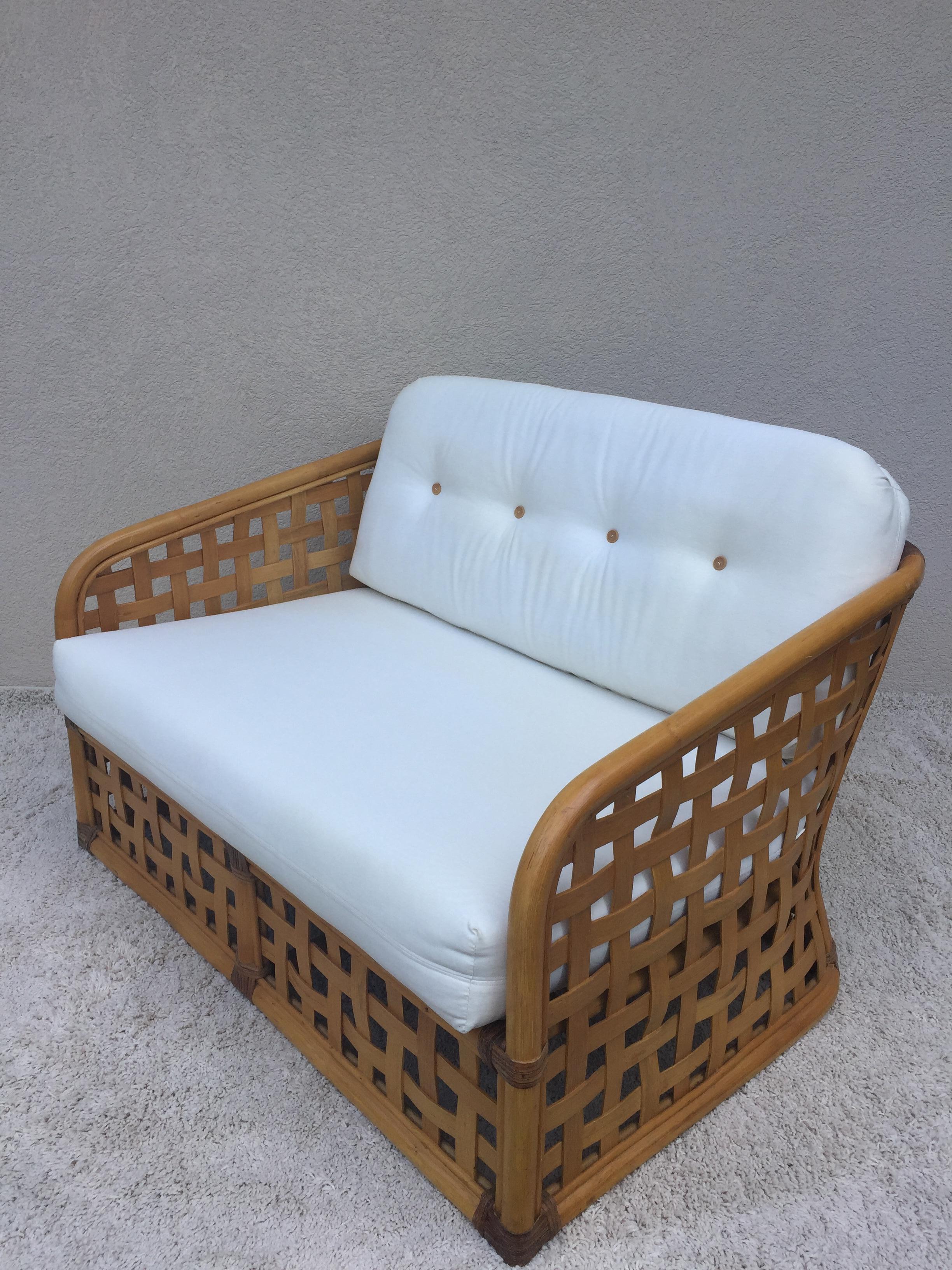 Mid-Century Modern McGuire 4 Piece Set Sofa Love Seat Chair Ottoman Open Square Basket Design