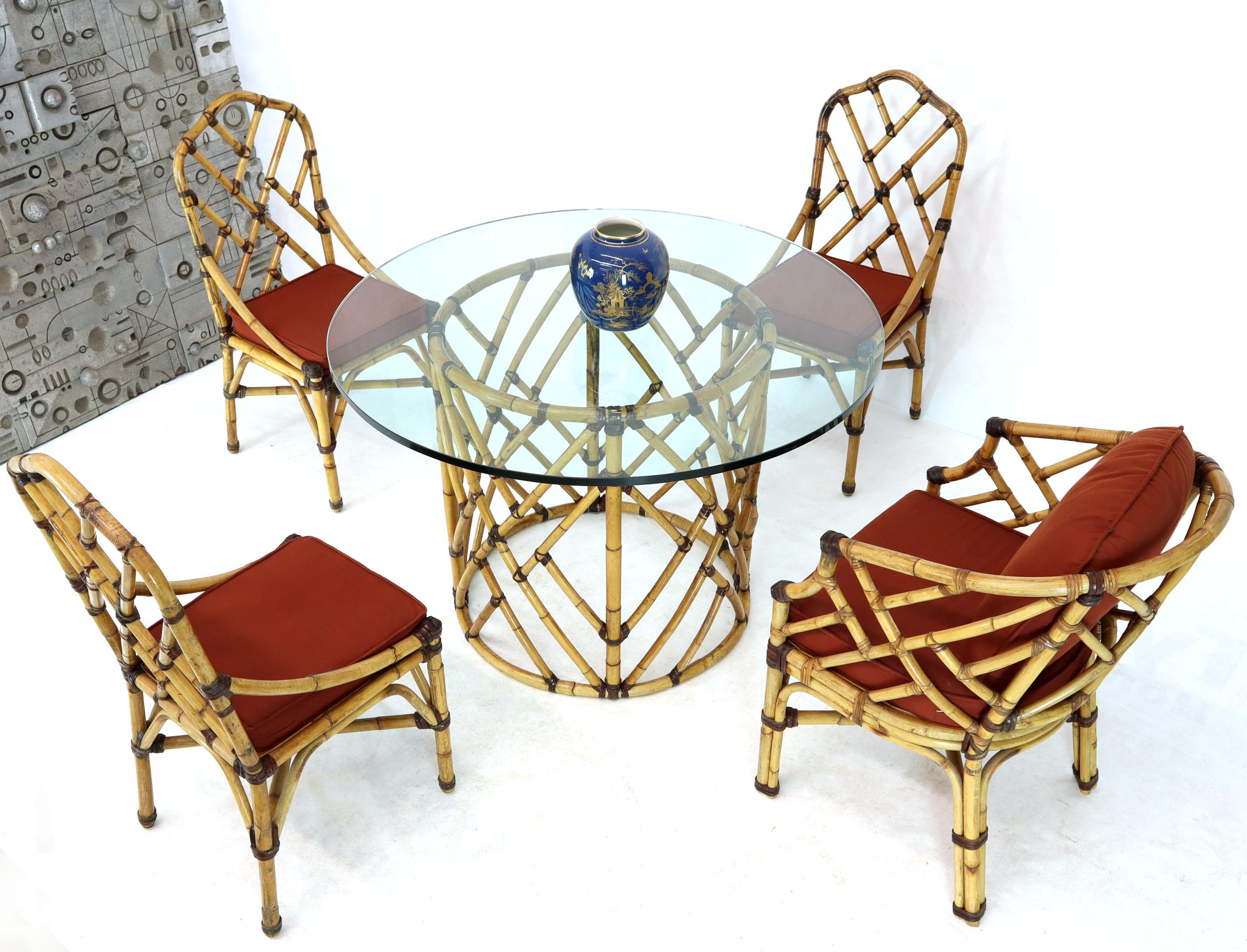 20th Century McGuire 7  Pieces Bamboo Dining Set Round Glass Top Table Two Arm Chairs Leather For Sale