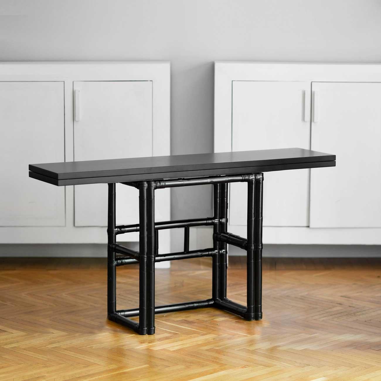 black and rattan shelf