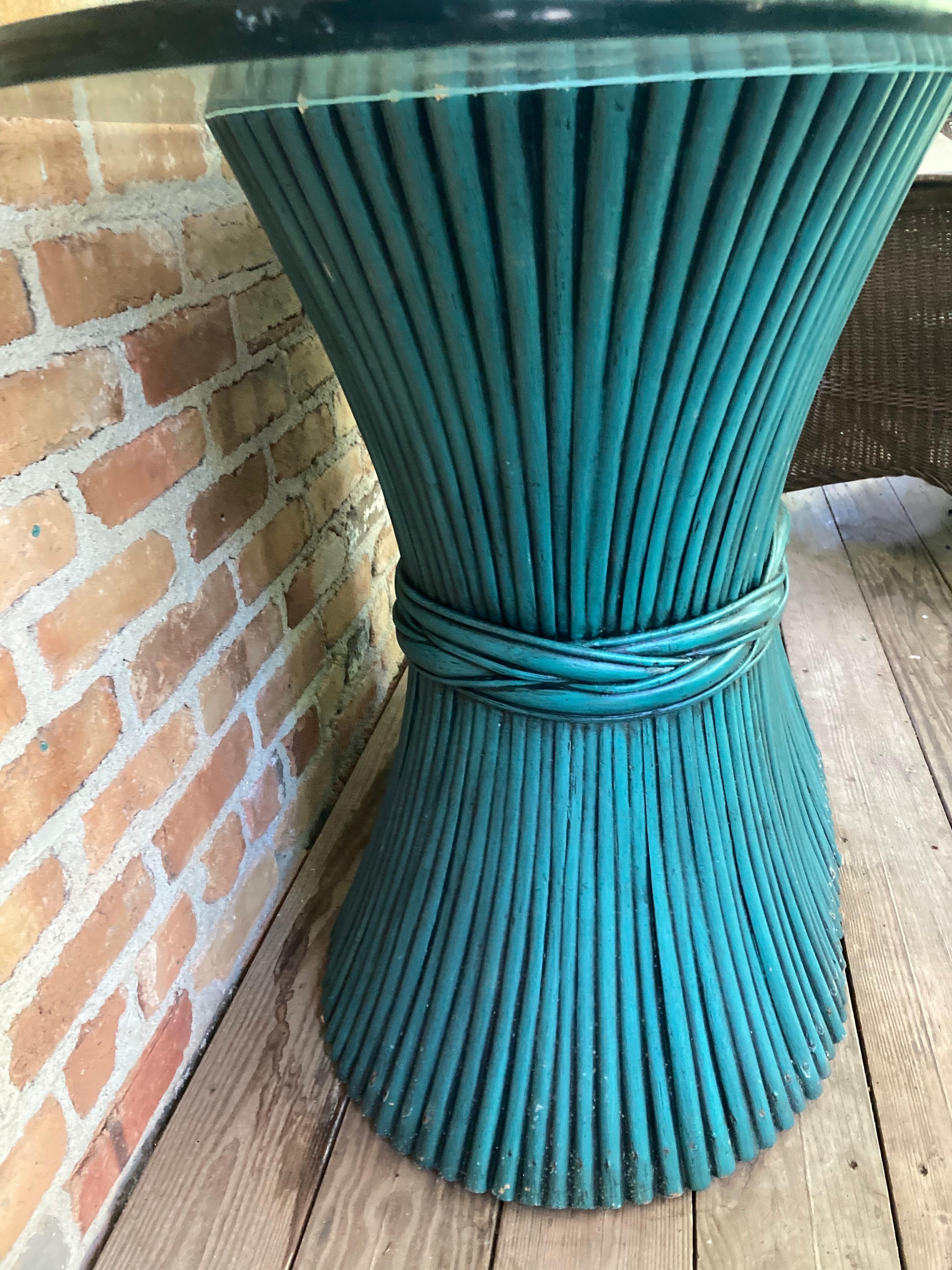 1950s McGuire Sheaf of Wheat Aegean Blue Table
wonderful color, mid century mcguire base with custom cut thick glass oval top
no maker’s mark
56ʺW × 24ʺD × 29.5ʺH
Beautiful Rich Hue, perfect for any room, or style, mcm, coastal or urban chic...
she