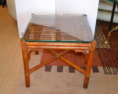 McGuire Bamboo and Leather Glass Side Table Mid-Century Modern