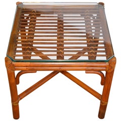McGuire Bamboo and Leather Glass Side Table Mid-Century Modern