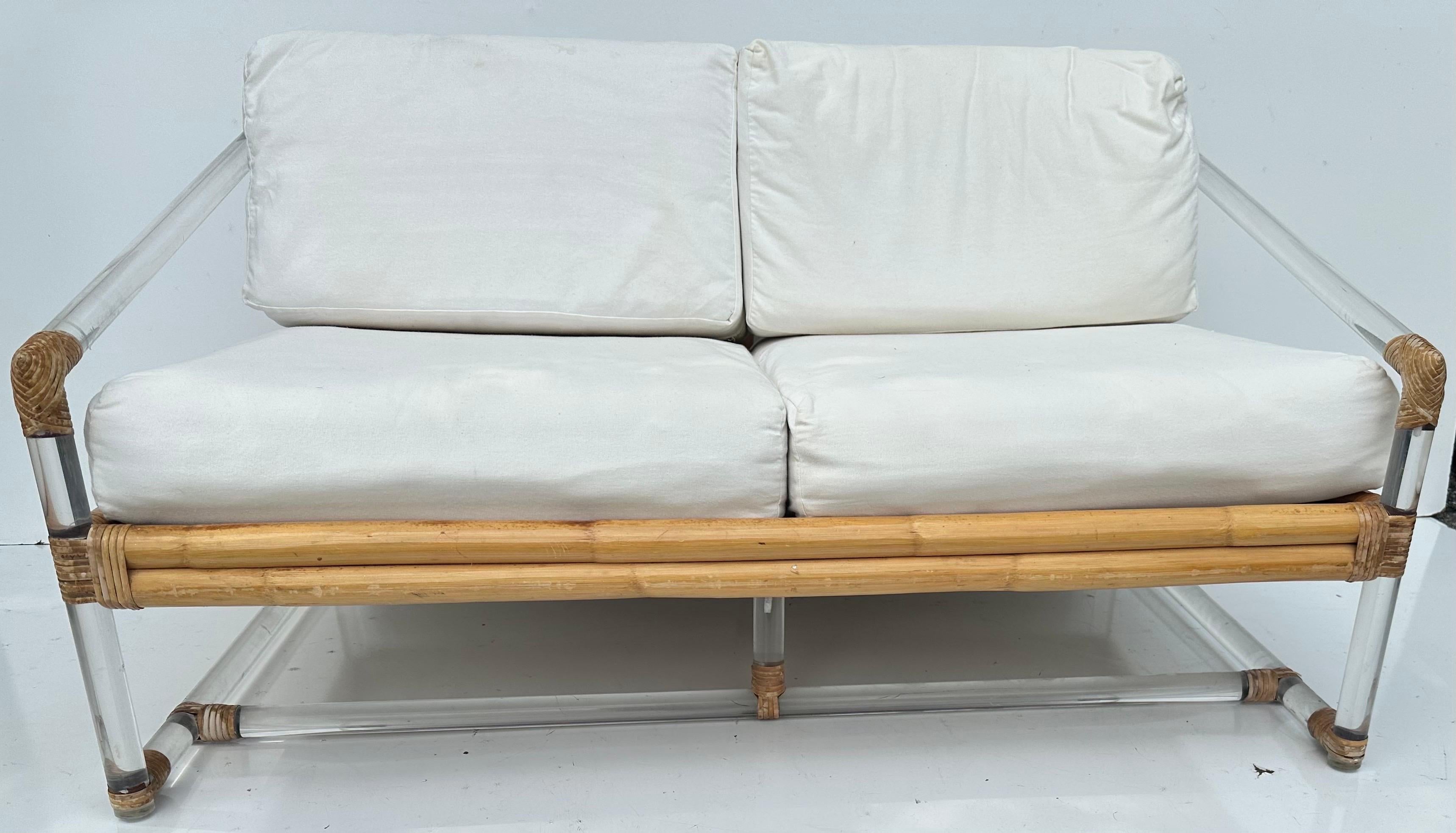 Fabric McGuire bamboo and Lucite Sofa For Sale