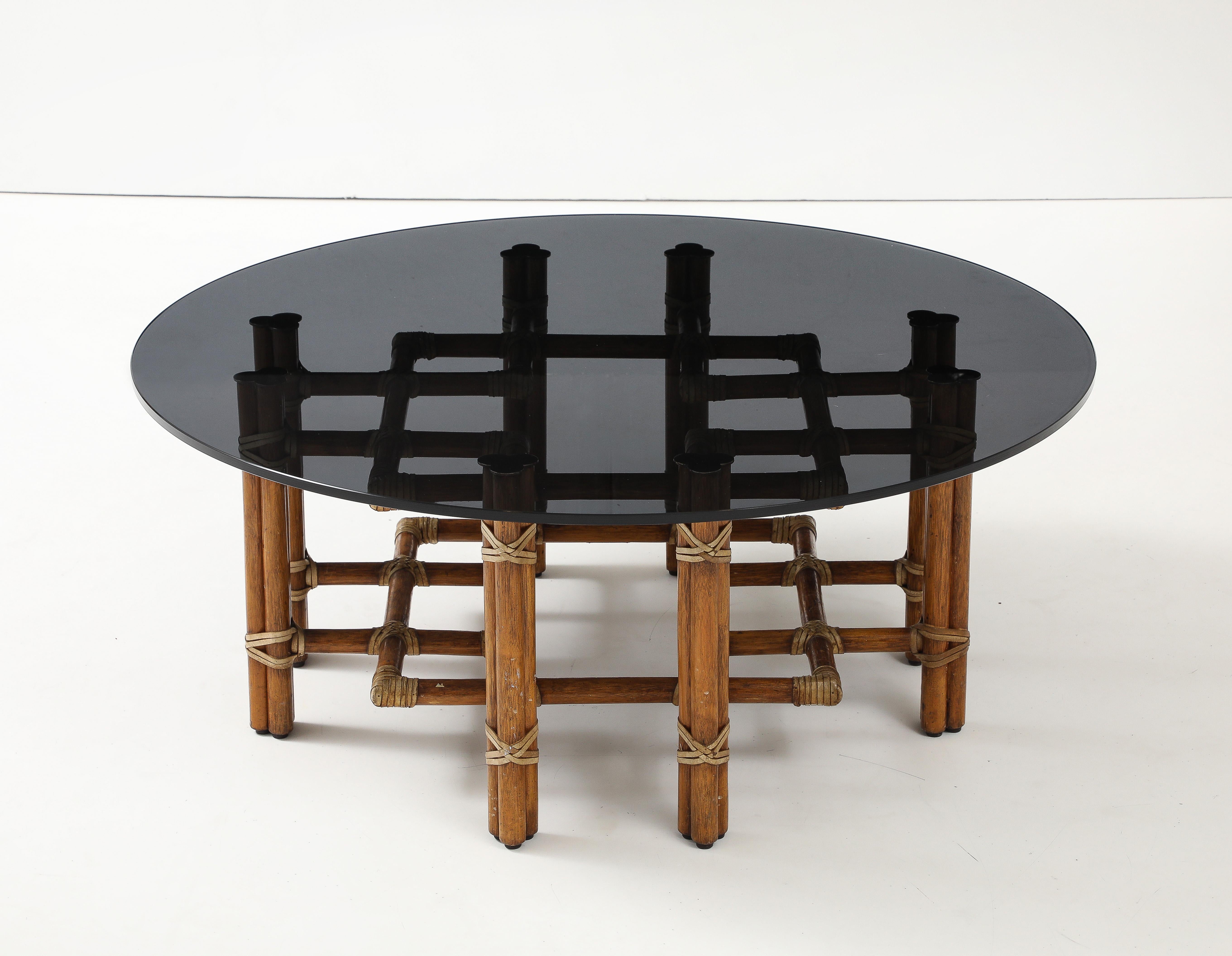 McGuire Bamboo Coffee Table, Leather Straps, Brass and Grey Glass Round Top For Sale 8