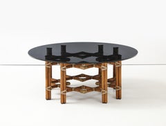 McGuire Bamboo Coffee Table, Leather Straps, Brass and Grey Glass Round Top