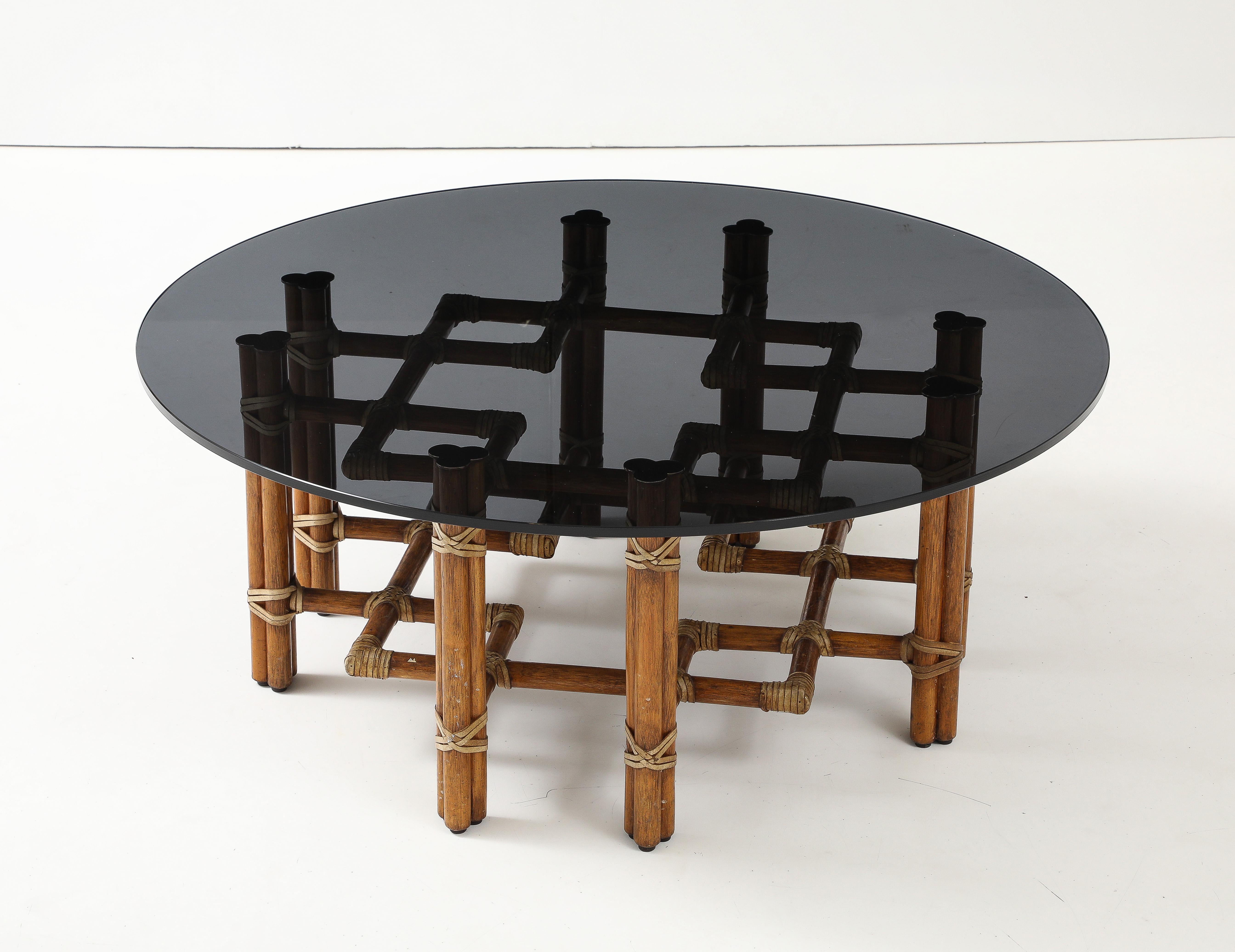 McGuire Bamboo Coffee Table, Leather Straps, Brass and Grey Glass Round Top In Good Condition For Sale In New York, NY
