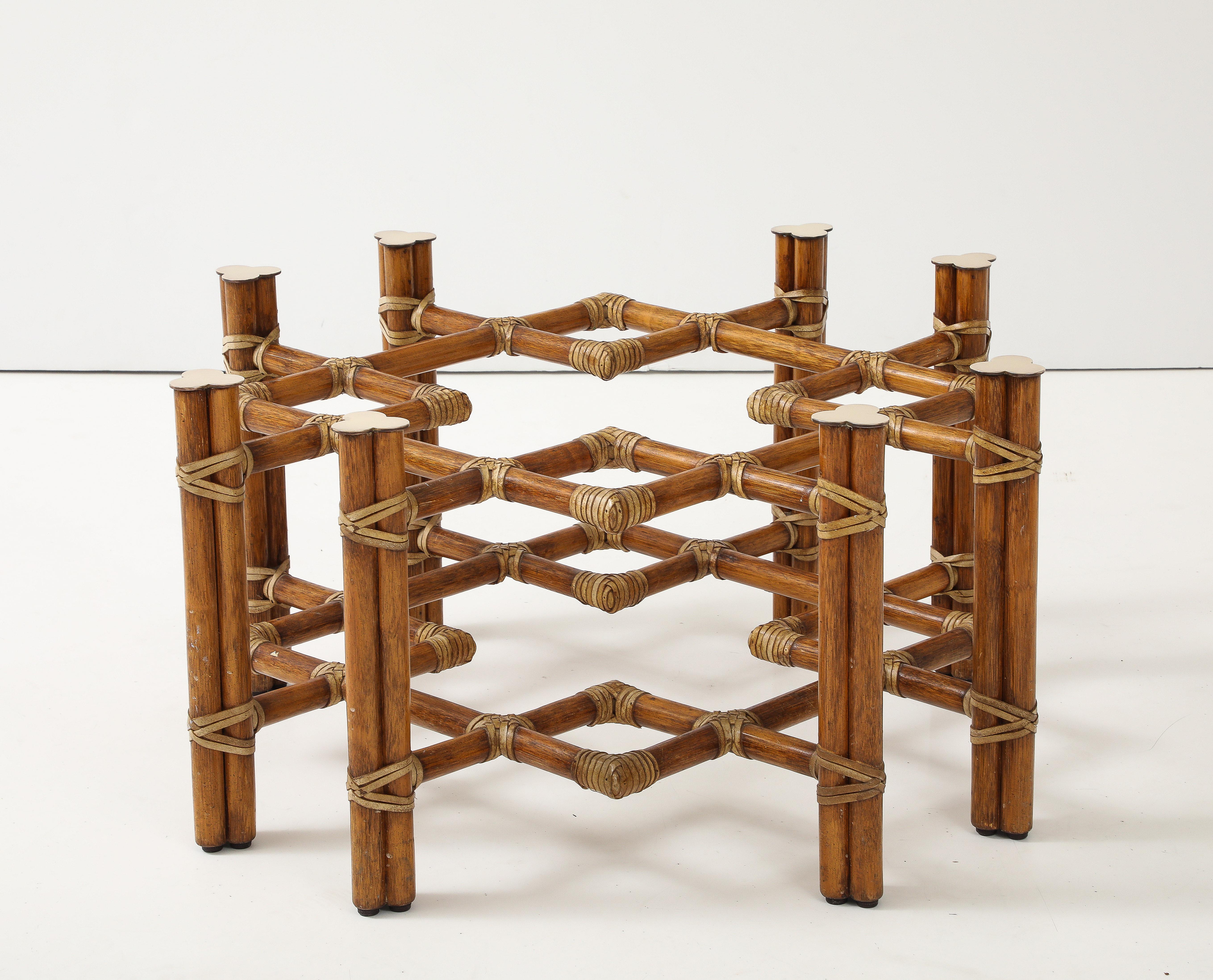 McGuire Bamboo Coffee Table, Leather Straps, Brass and Grey Glass Round Top For Sale 2