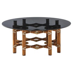McGuire Bamboo Coffee Table, Leather Straps, Brass and Grey Glass Round Top