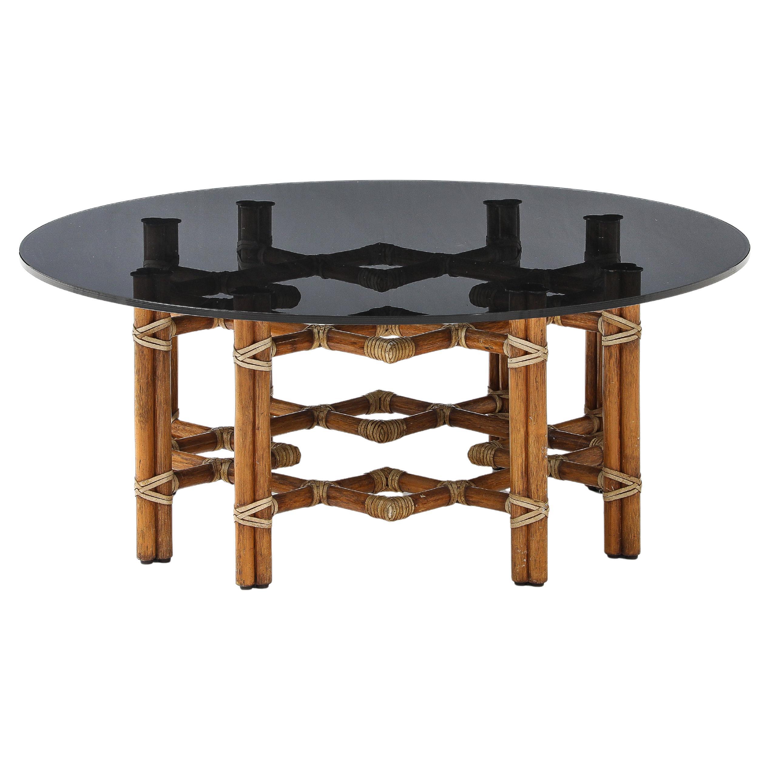 McGuire Bamboo Coffee Table, Leather Straps, Brass and Grey Glass Round Top For Sale