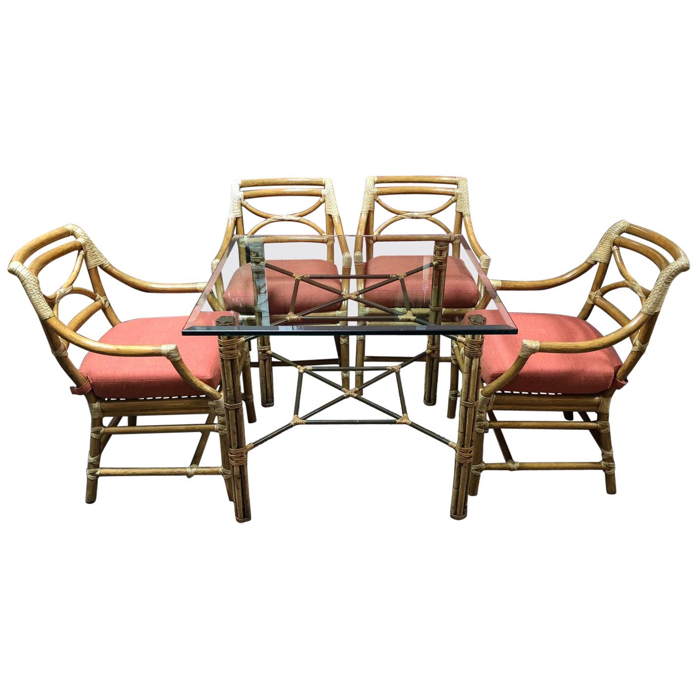 McGuire Bamboo Dining Table and Four Armchairs, Five-Piece Set