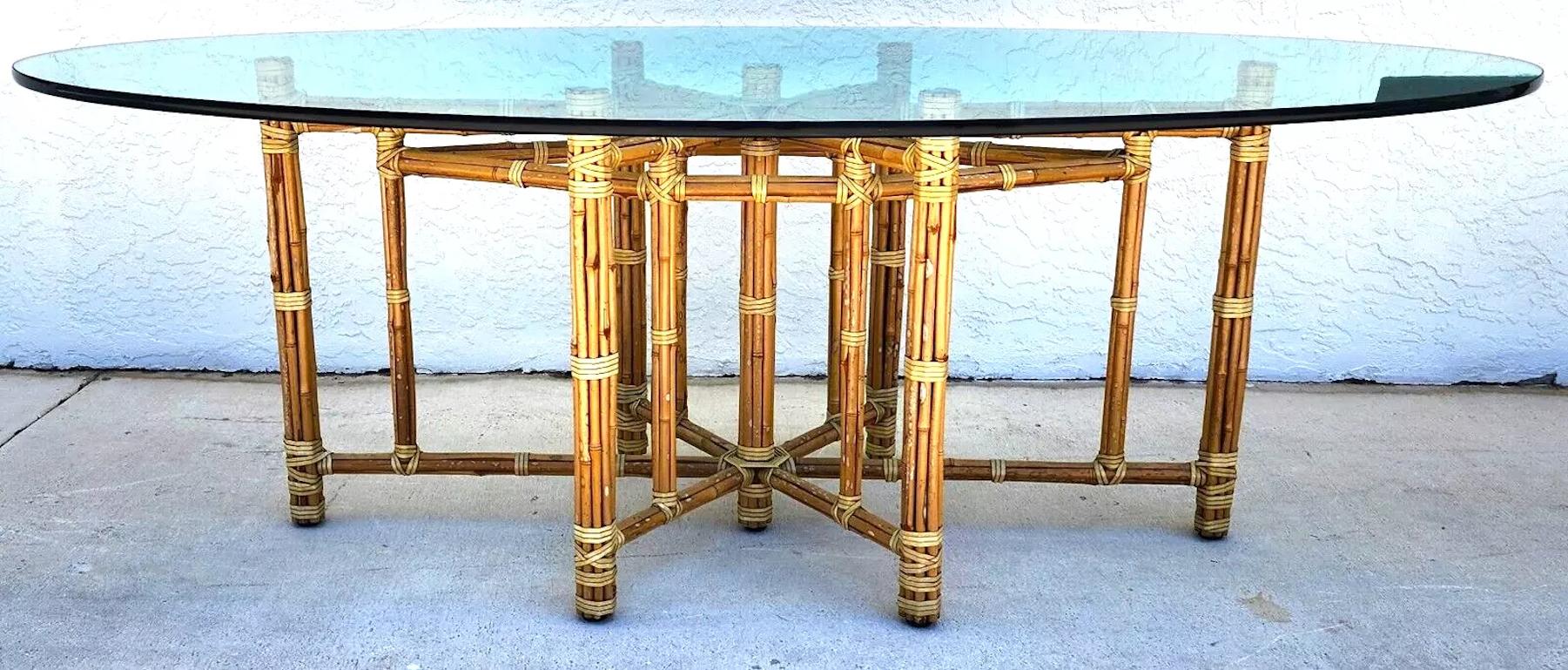 For FULL item description click on READ MORE below.
Offering One Of Our Recent Palm Beach Estate Fine Furniture Acquisitions Of A
McGuire Organic Modern Bamboo & Leather Rattan Oval Dining Table with Glass Top

Approximate Measurements in