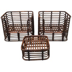 McGuire Bamboo "Grid" Club Chairs and Ottoman Suite of Frames, Restored