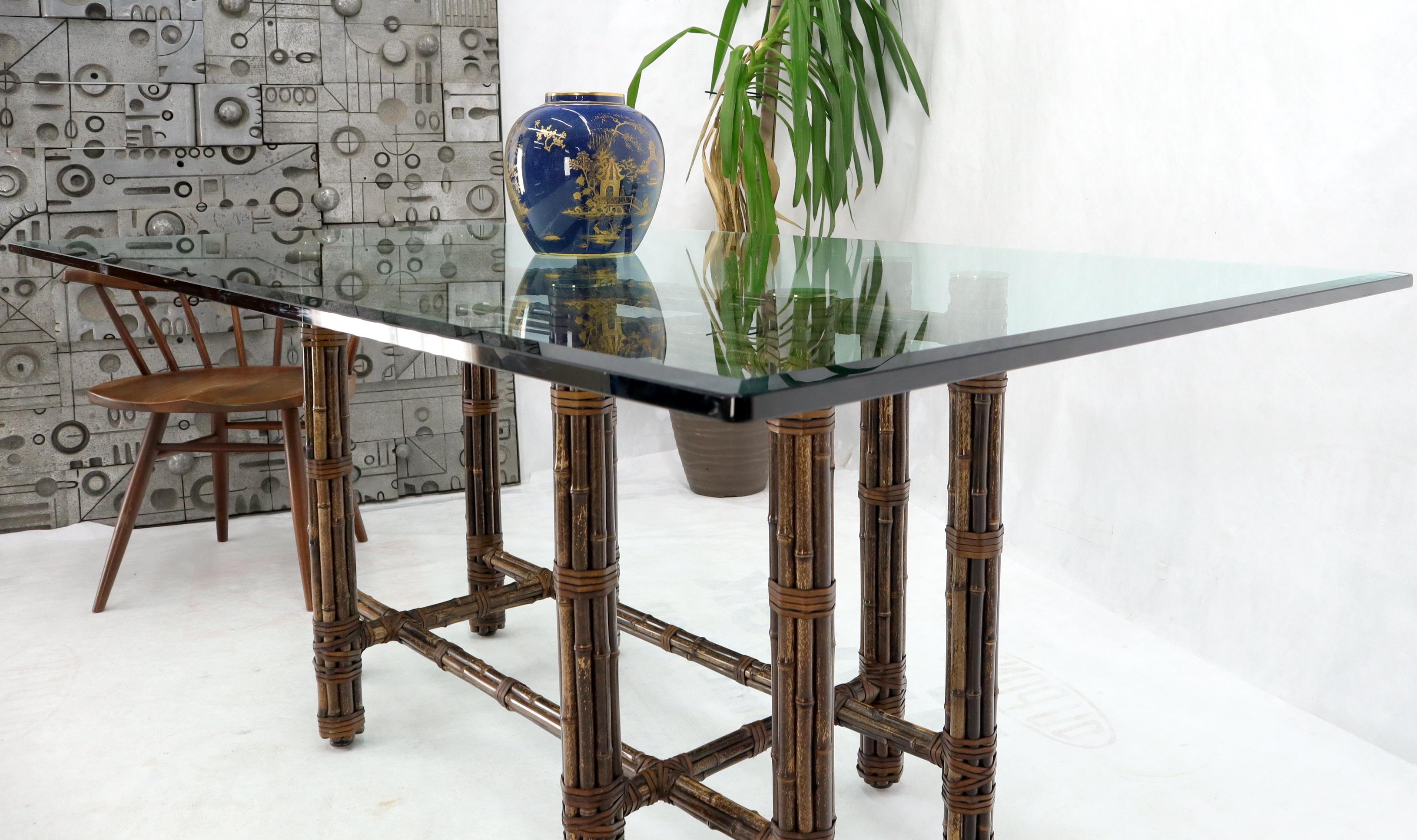20th Century McGuire Bamboo Leather Straps Brass Caps Base Glass Top Rectangle Dining Table