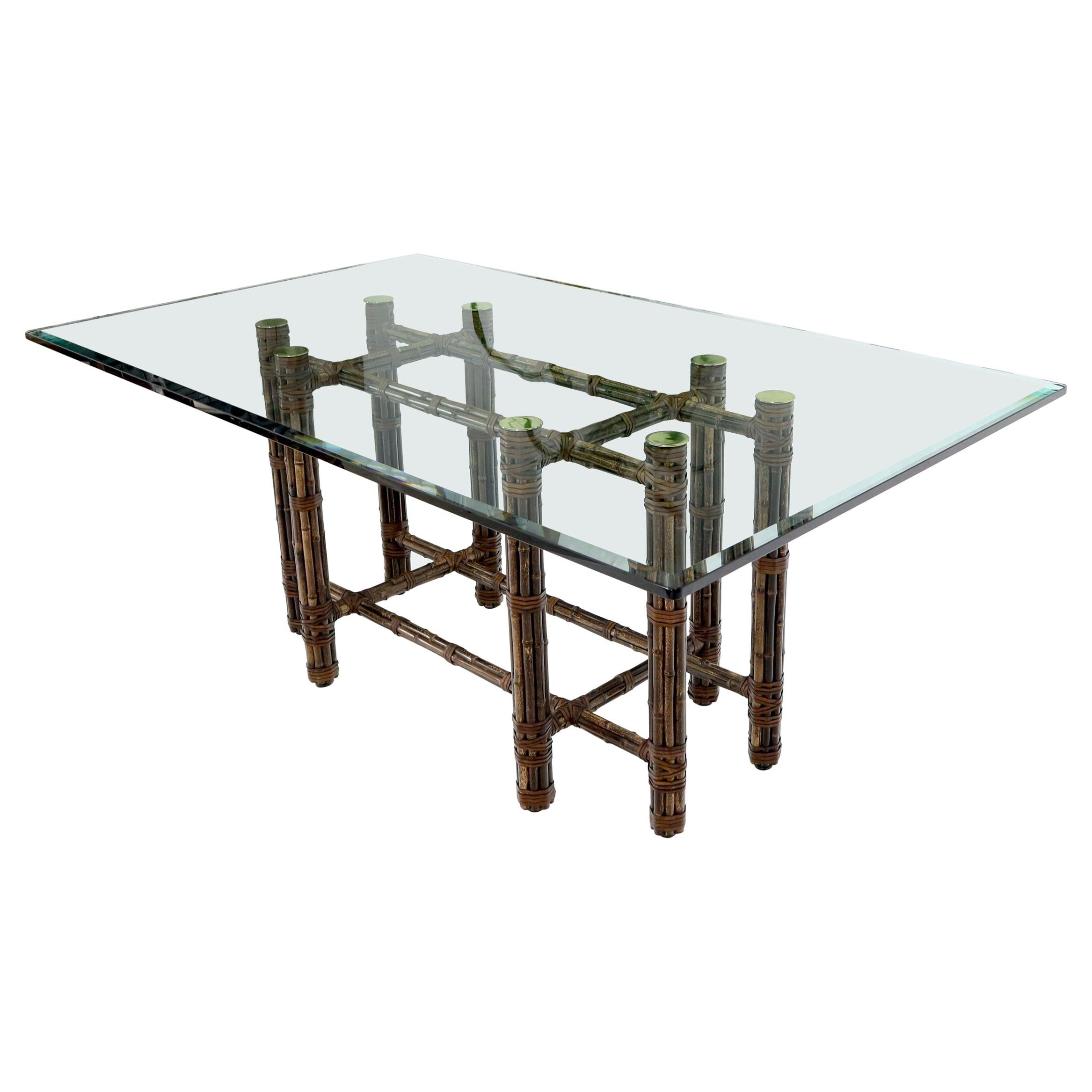 McGuire Bamboo Leather Straps Brass Caps Base Glass Top Rectangle Dining Table