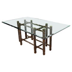 McGuire Bamboo Leather Straps Brass Caps Base Glass Top Rectangle Dining Table