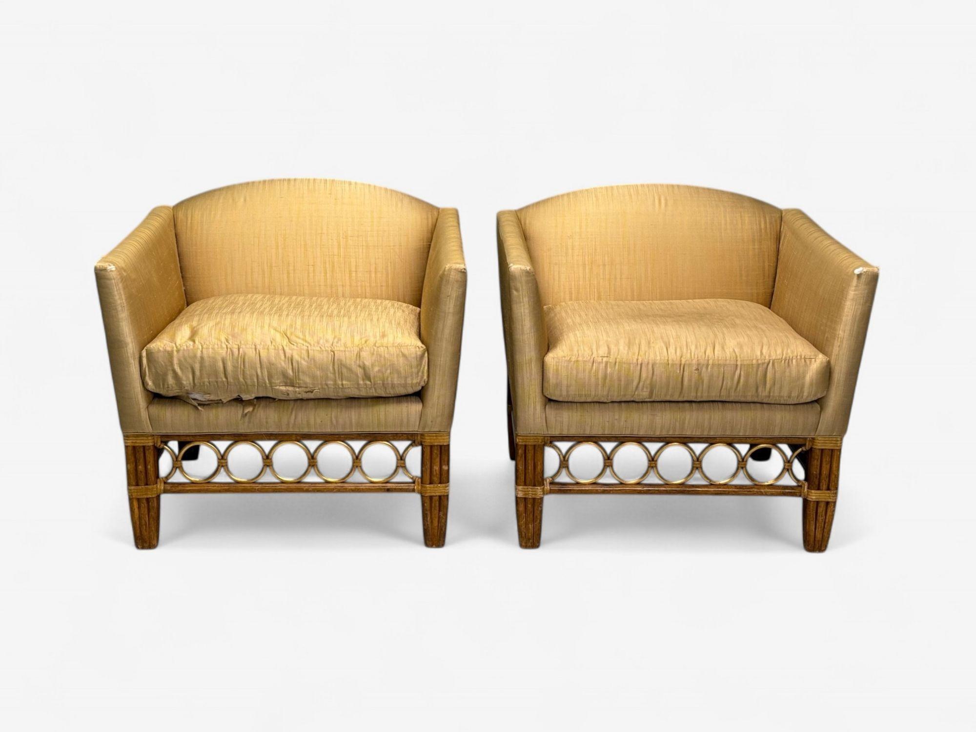 McGuire, Bambú, Ratán, Tela, Sillas de salón grandes, EE.UU., Años 60 en Bueno estado para la venta en Manhasset, NY
