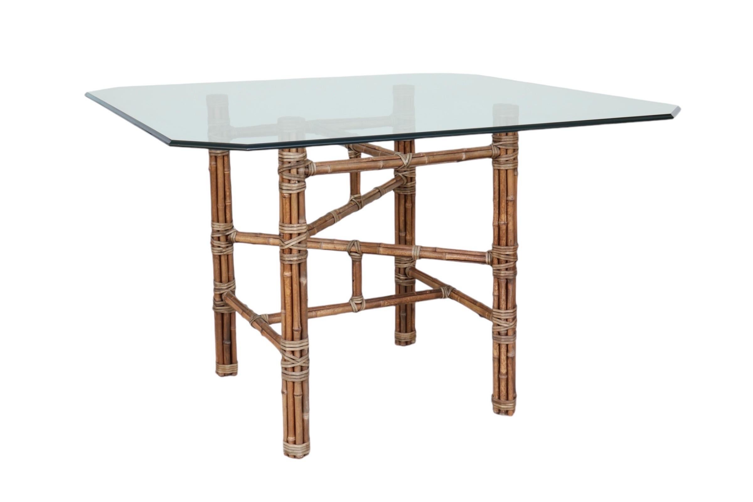 McGuire Bamboo Rattan & Glass Square Dining Table In Good Condition In Bradenton, FL