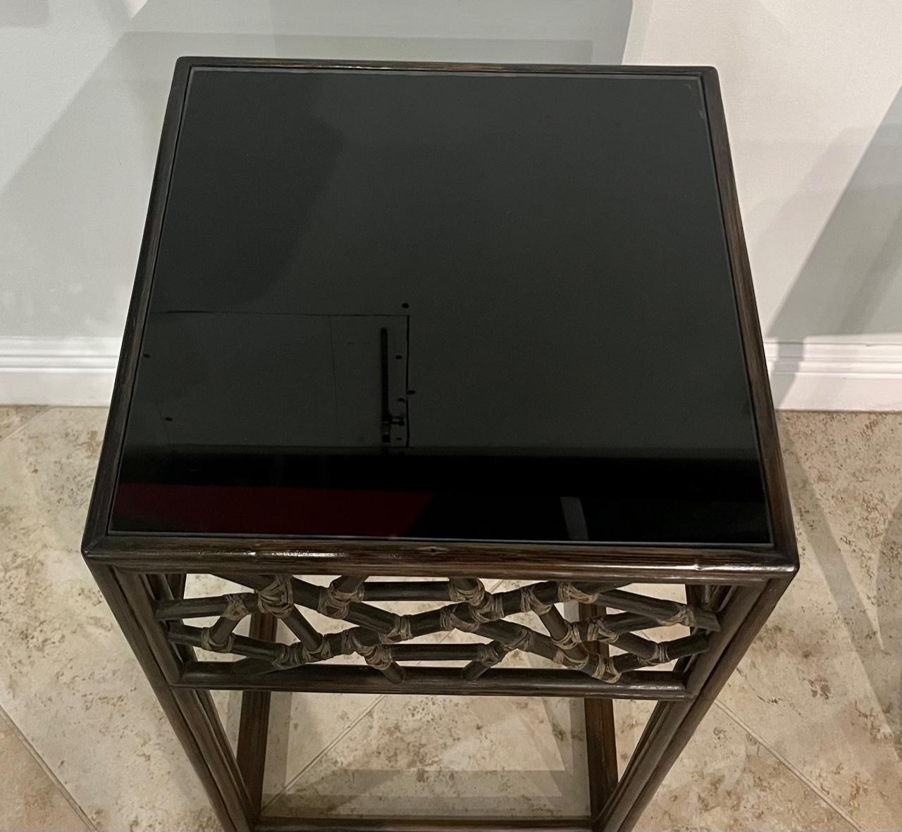 McGuire Bamboo Rattan Square Side Table with Glass Top In Excellent Condition In Ft. Lauderdale, FL