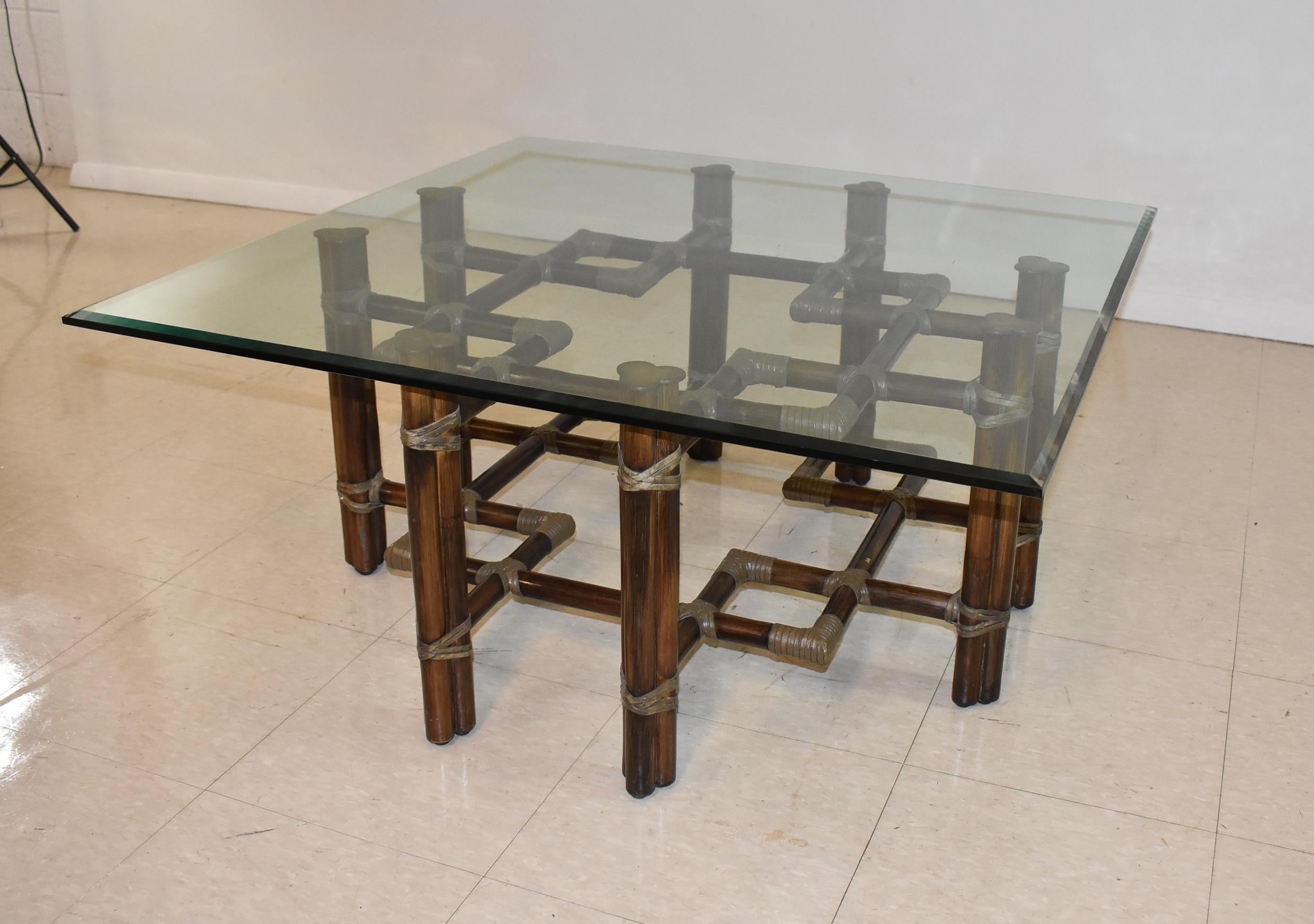 McGuire of San Francisco bamboo coffee table base with leather lacing and brass capped poles in a stacked square design. Great condition. 32
