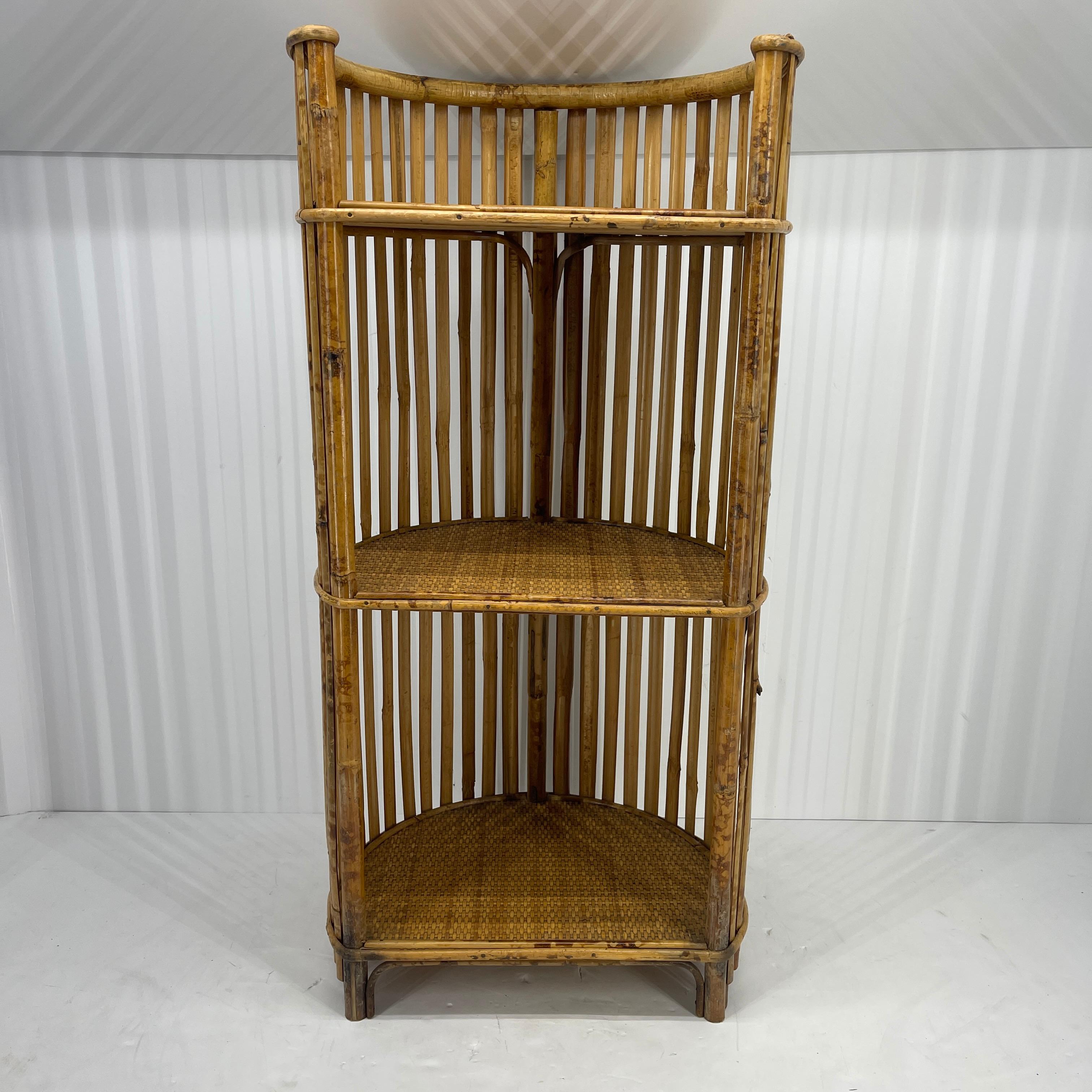 McGuire Bamboo Woven Wicker DemiLune Three Tier Etagere, MidCentury