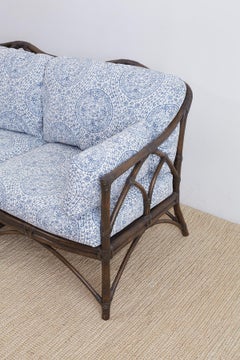 McGuire Blue and White Upholstered Bamboo Rattan Sofa