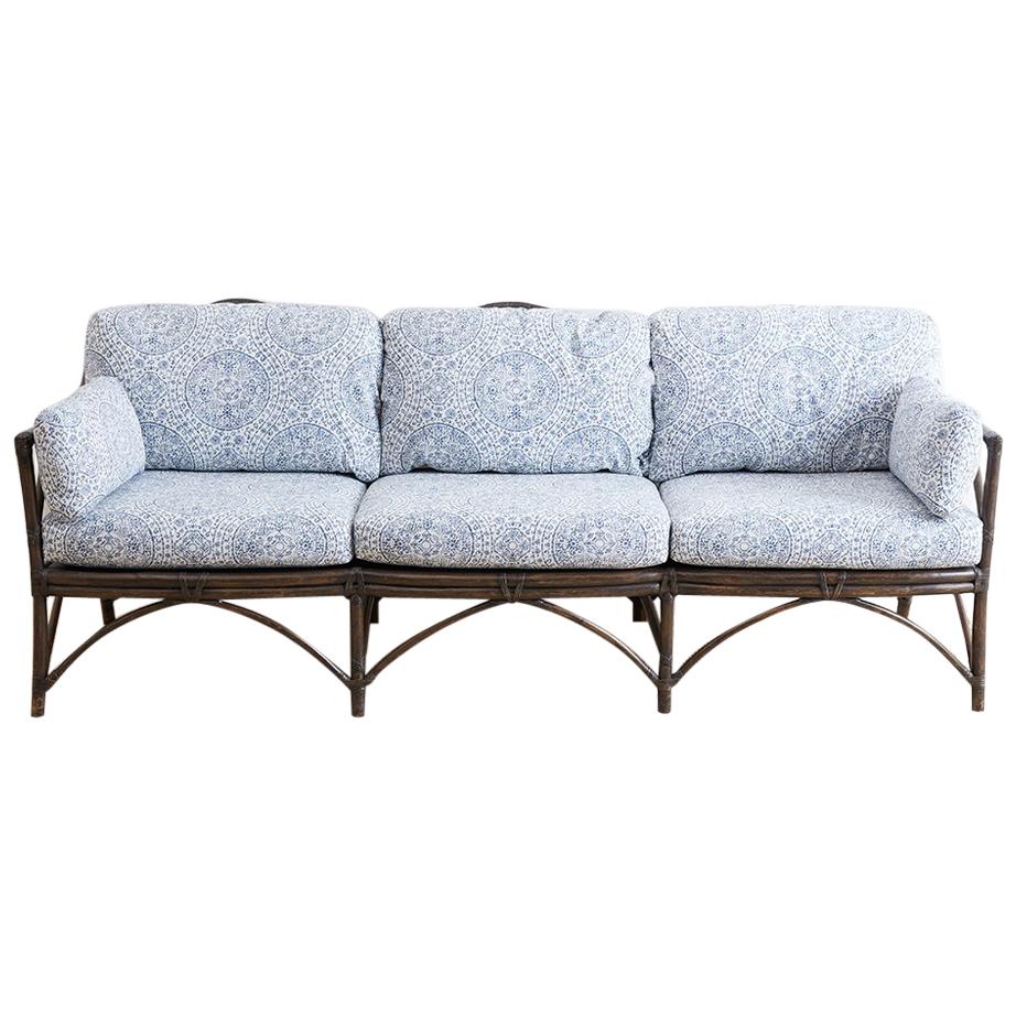 McGuire Blue and White Upholstered Bamboo Rattan Sofa