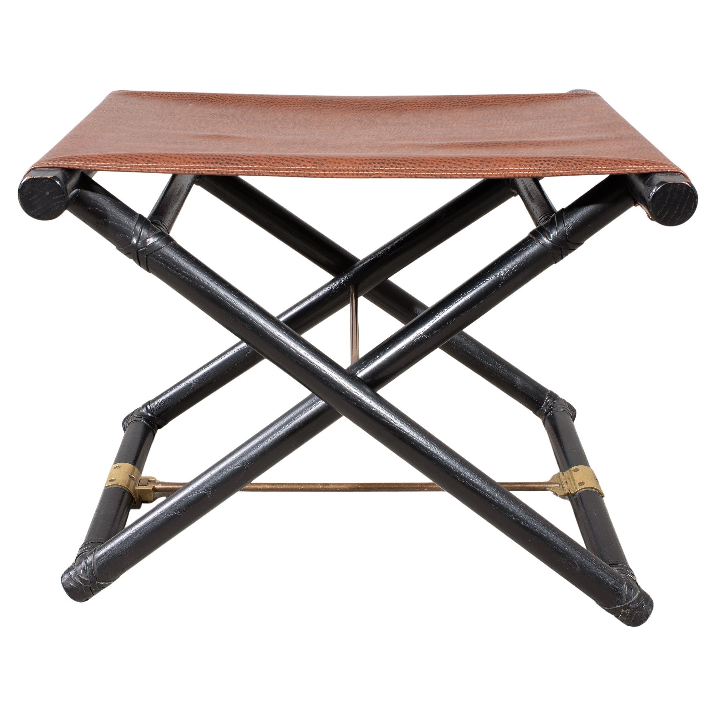 McGuire Campaign Style Lacquered Oak X Form Stool For Sale