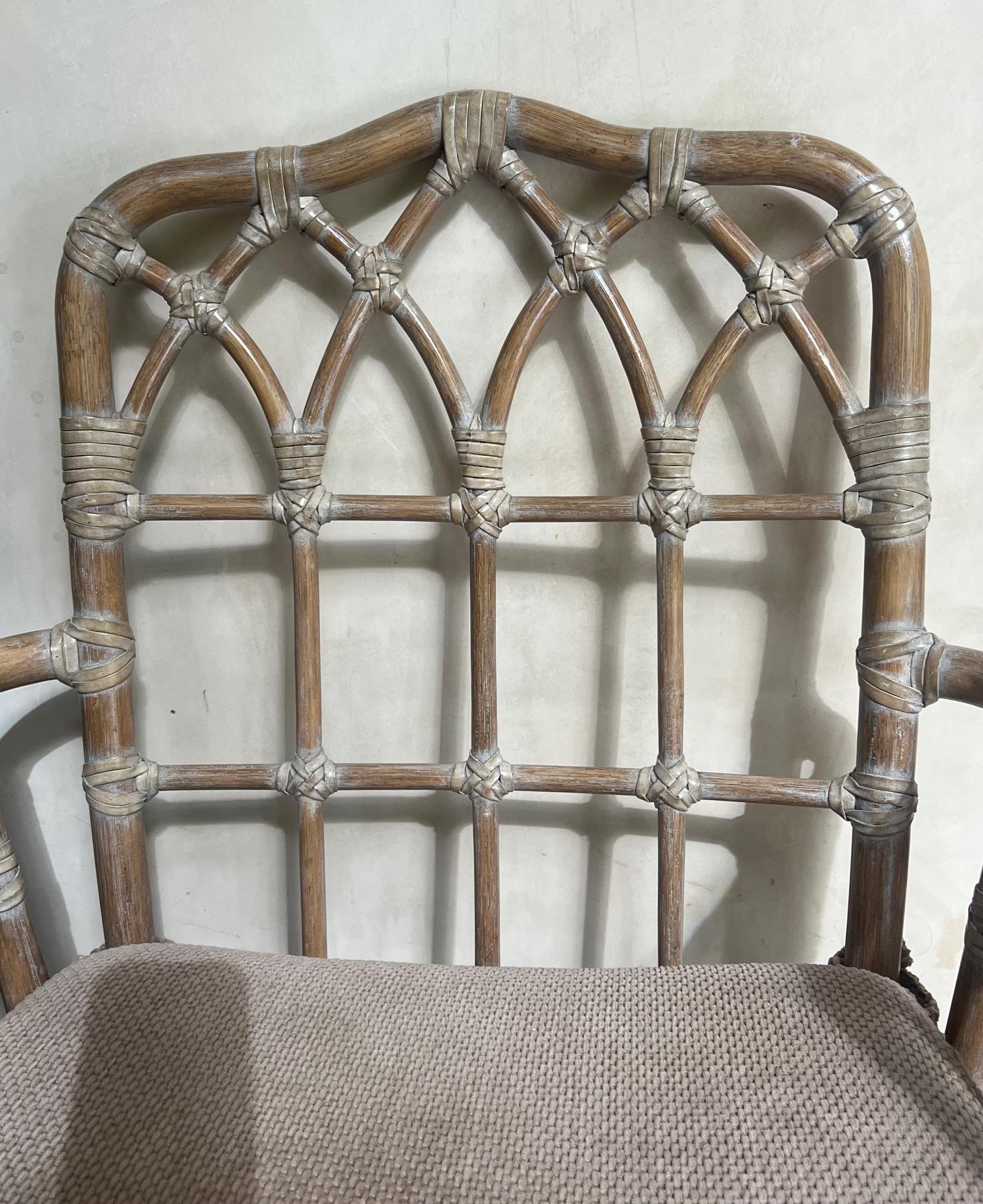 Organic Modern McGuire Cathedral Rattan Arm Chair & Cushion, c. 1980's For Sale