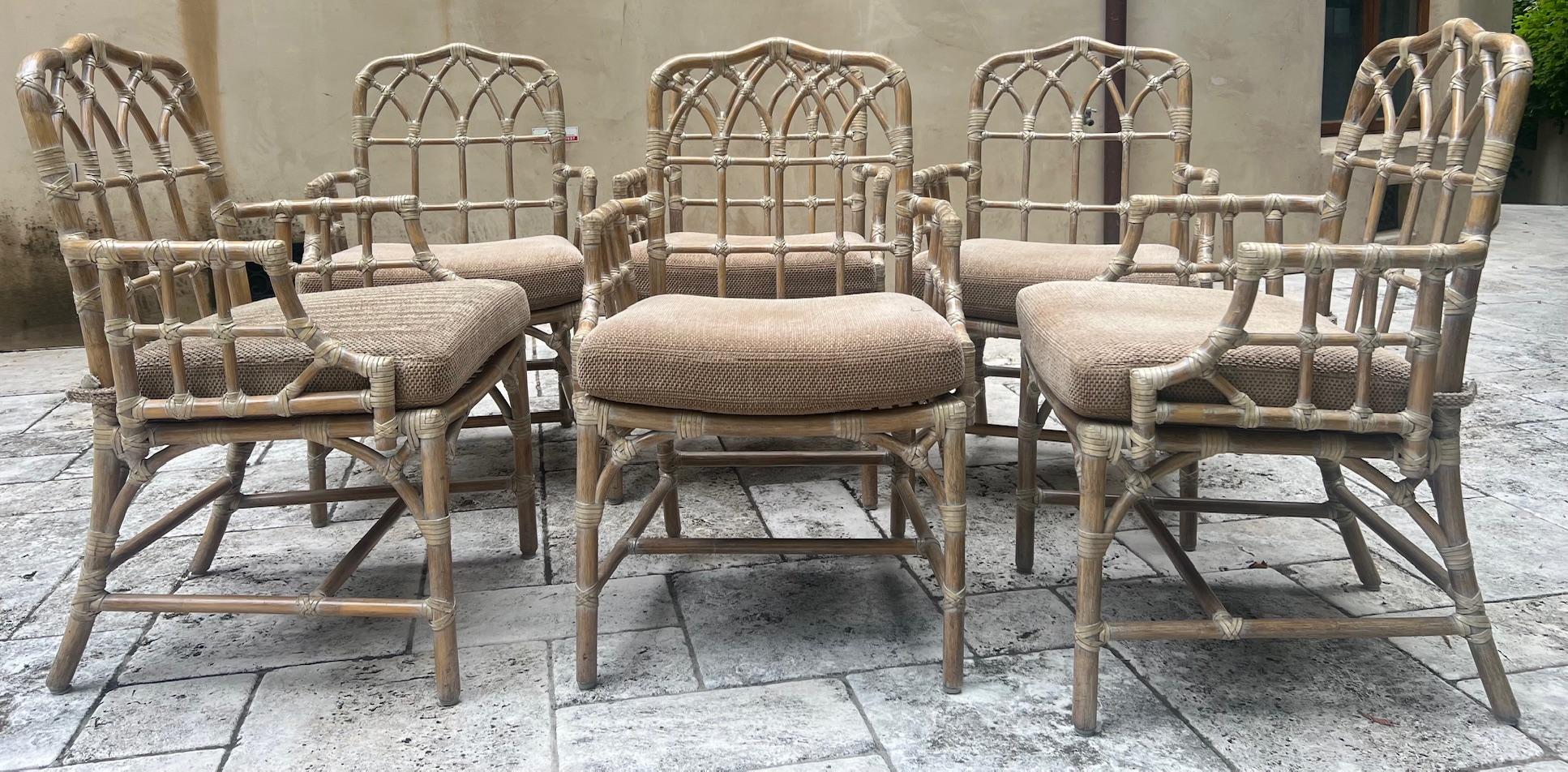 American McGuire Cathedral Rattan Arm Chair & Cushion, c. 1980's For Sale