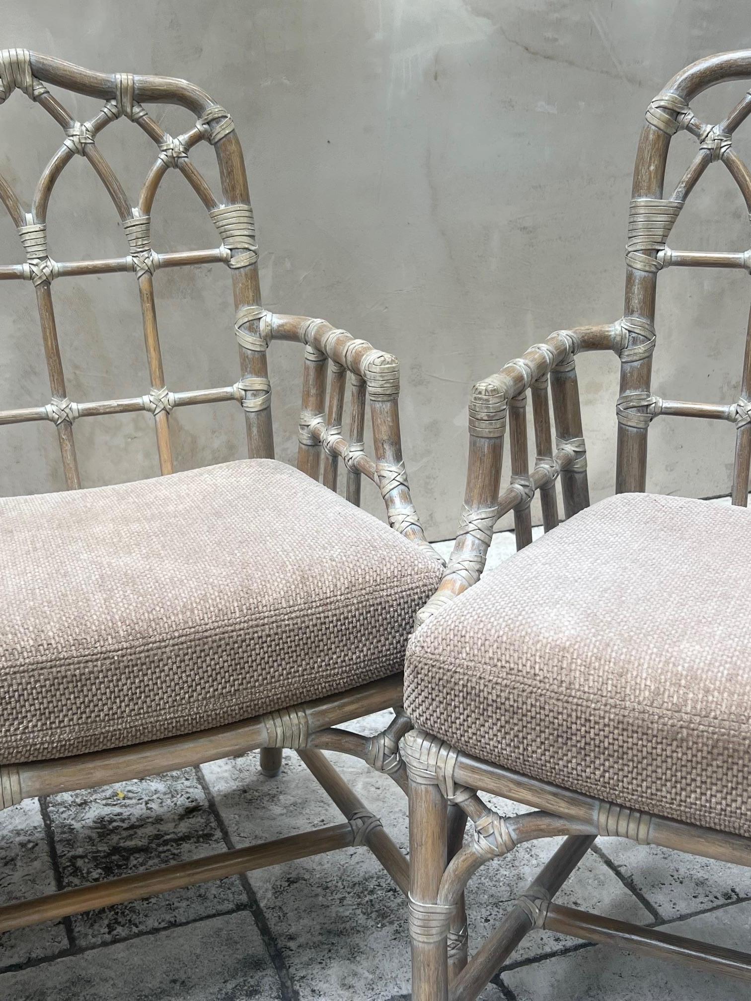 Late 20th Century McGuire Cathedral Rattan Arm Chair & Cushion, c. 1980's For Sale
