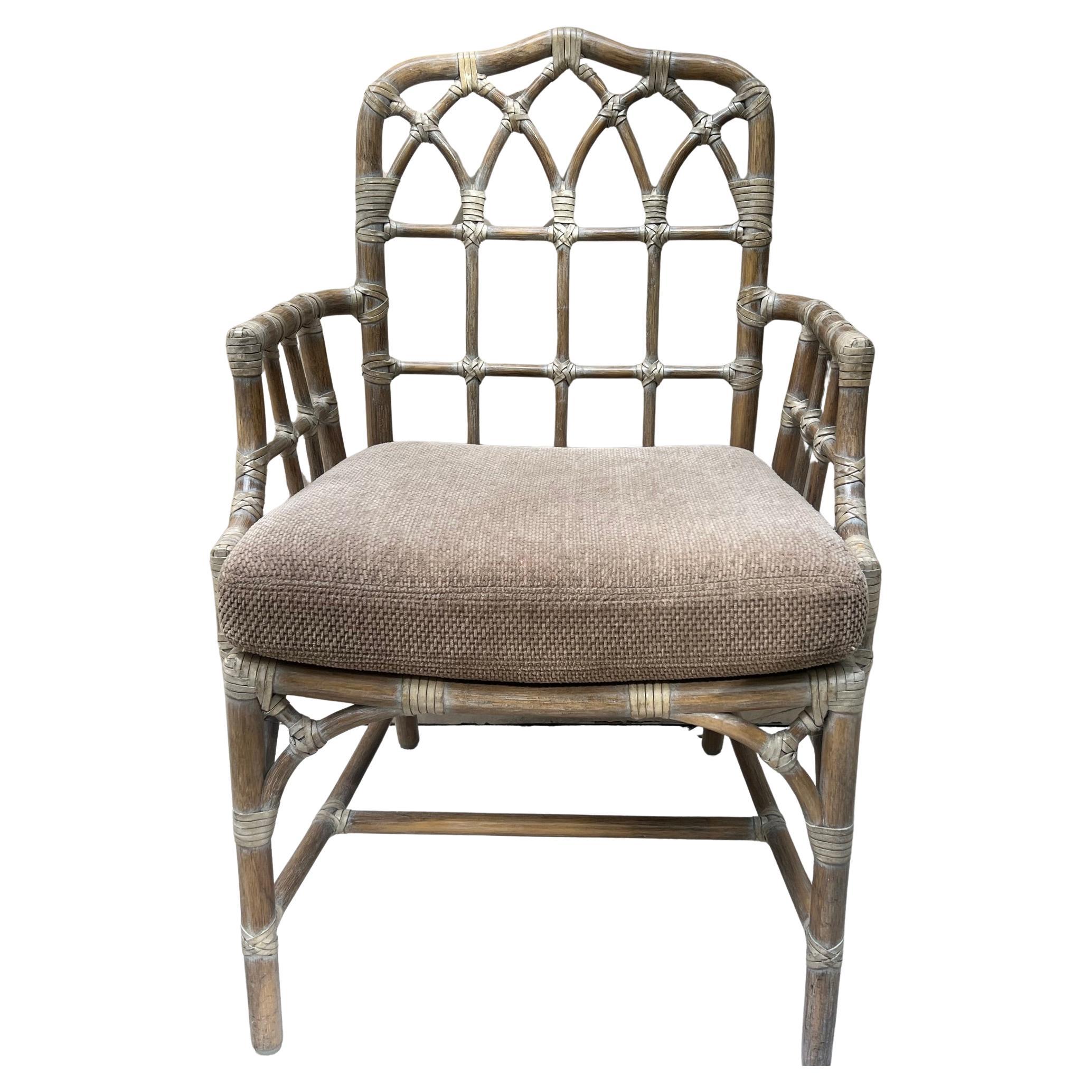 McGuire Cathedral Rattan Arm Chair & Cushion, c. 1980's For Sale