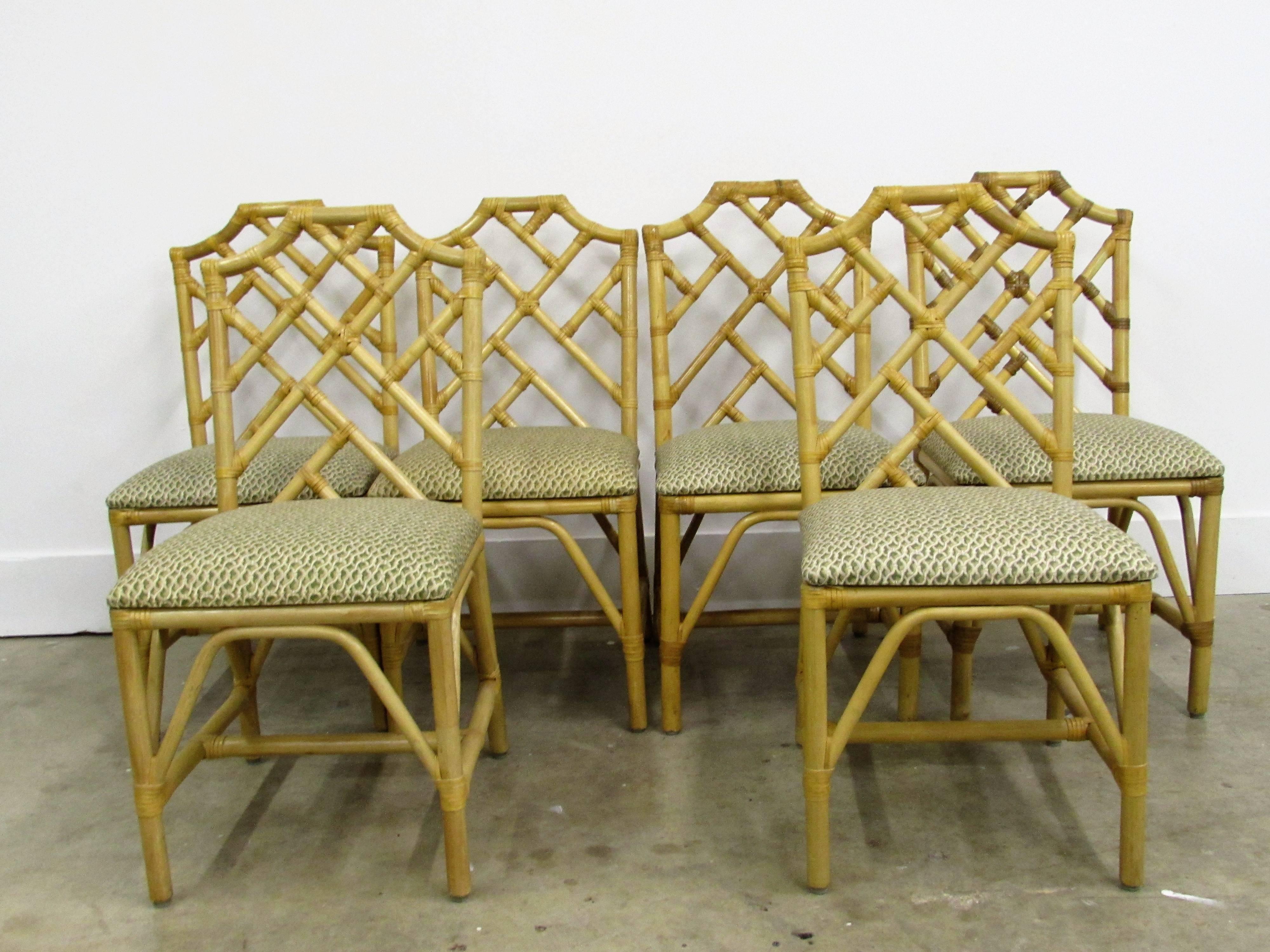 McGuire Chinese Chippendale Bamboo Rattan Chairs and Round Table, Set For Sale 4