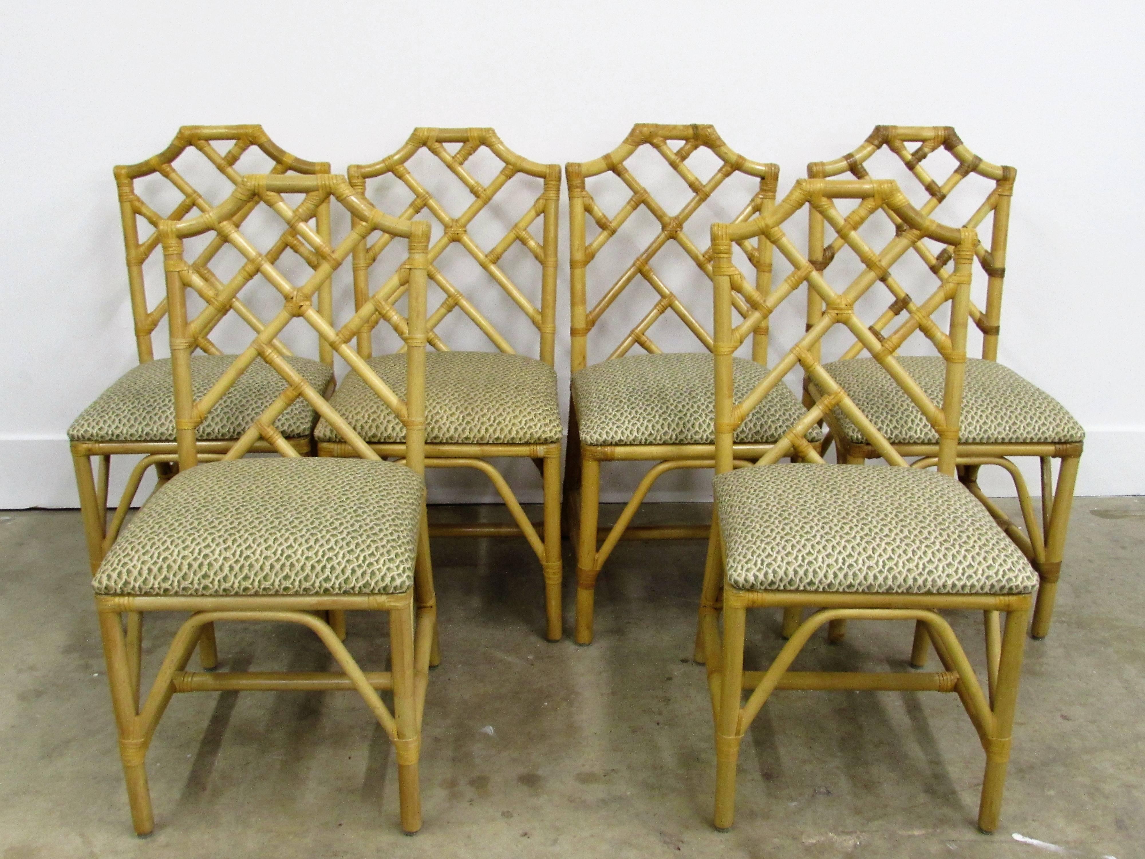 American McGuire Chinese Chippendale Bamboo Rattan Chairs and Round Table, Set For Sale