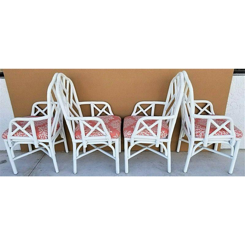 For full item description be sure to click on CONTINUE READING at the bottom of this listing.

Offering one of our recent Palm Beach estate fine furniture acquisitions of a
set of 4 mcguire style chippendale style coastal MCM bamboo rattan dining