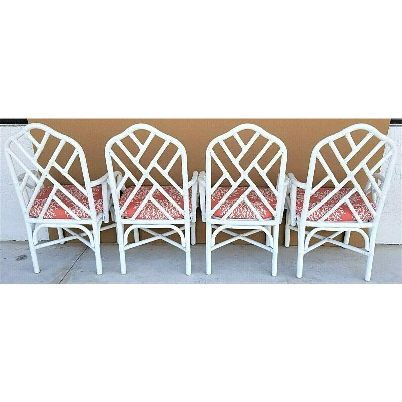 Unknown McGuire Chippendale Bamboo Rattan White Dining Armchairs, Set of 4 For Sale