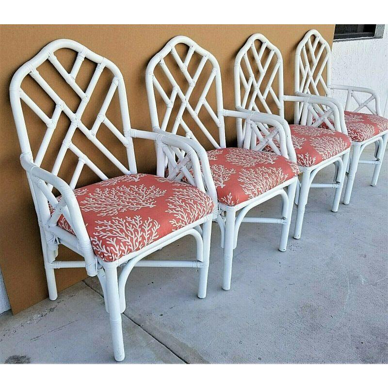 McGuire Chippendale Bamboo Rattan White Dining Armchairs, Set of 4 In Good Condition For Sale In Lake Worth, FL