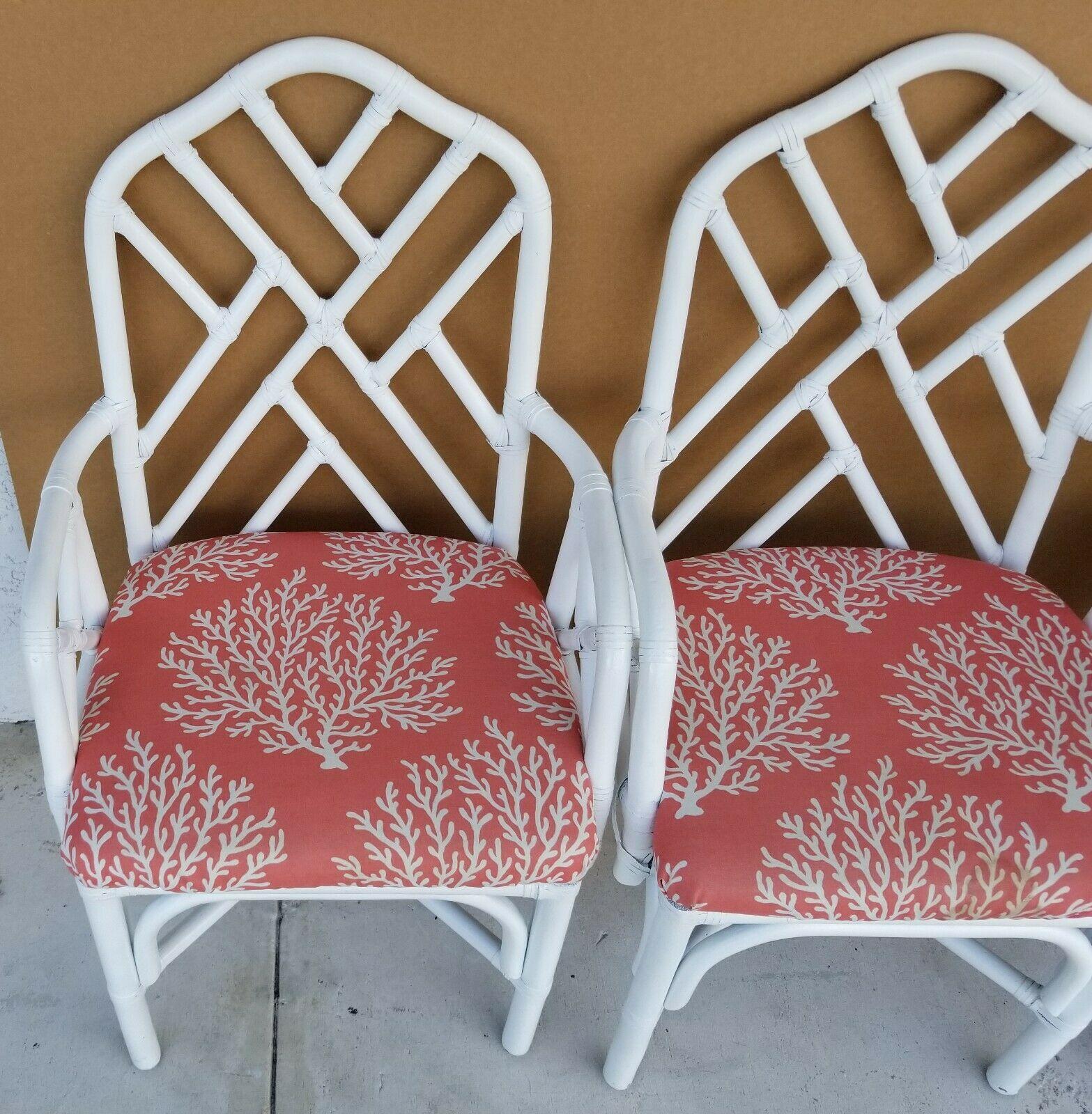 Late 20th Century McGuire Chippendale Bamboo Rattan White Dining Armchairs, Set of 4 For Sale
