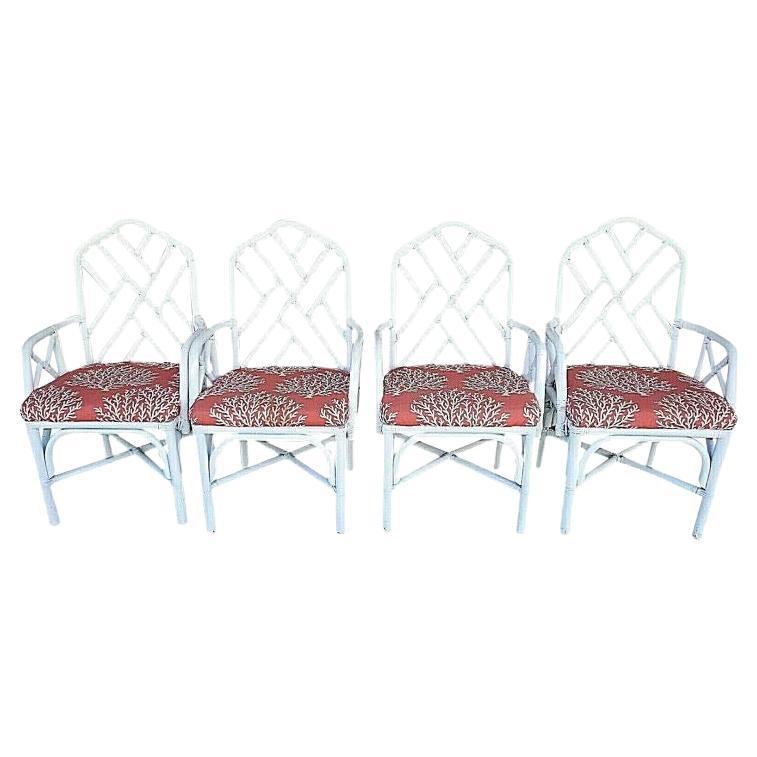 McGuire Chippendale Bamboo Rattan White Dining Armchairs, Set of 4