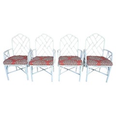 Retro McGuire Chippendale Bamboo Rattan White Dining Armchairs, Set of 4