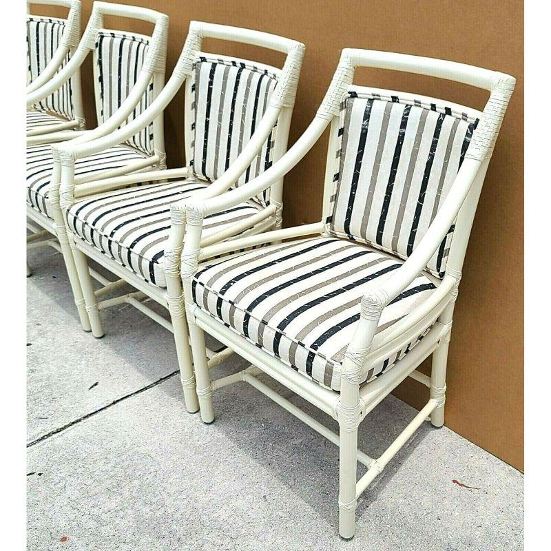 McGuire Chippendale Coastal Bamboo Rattan Dining Armchairs, Set of 4 In Good Condition In Lake Worth, FL