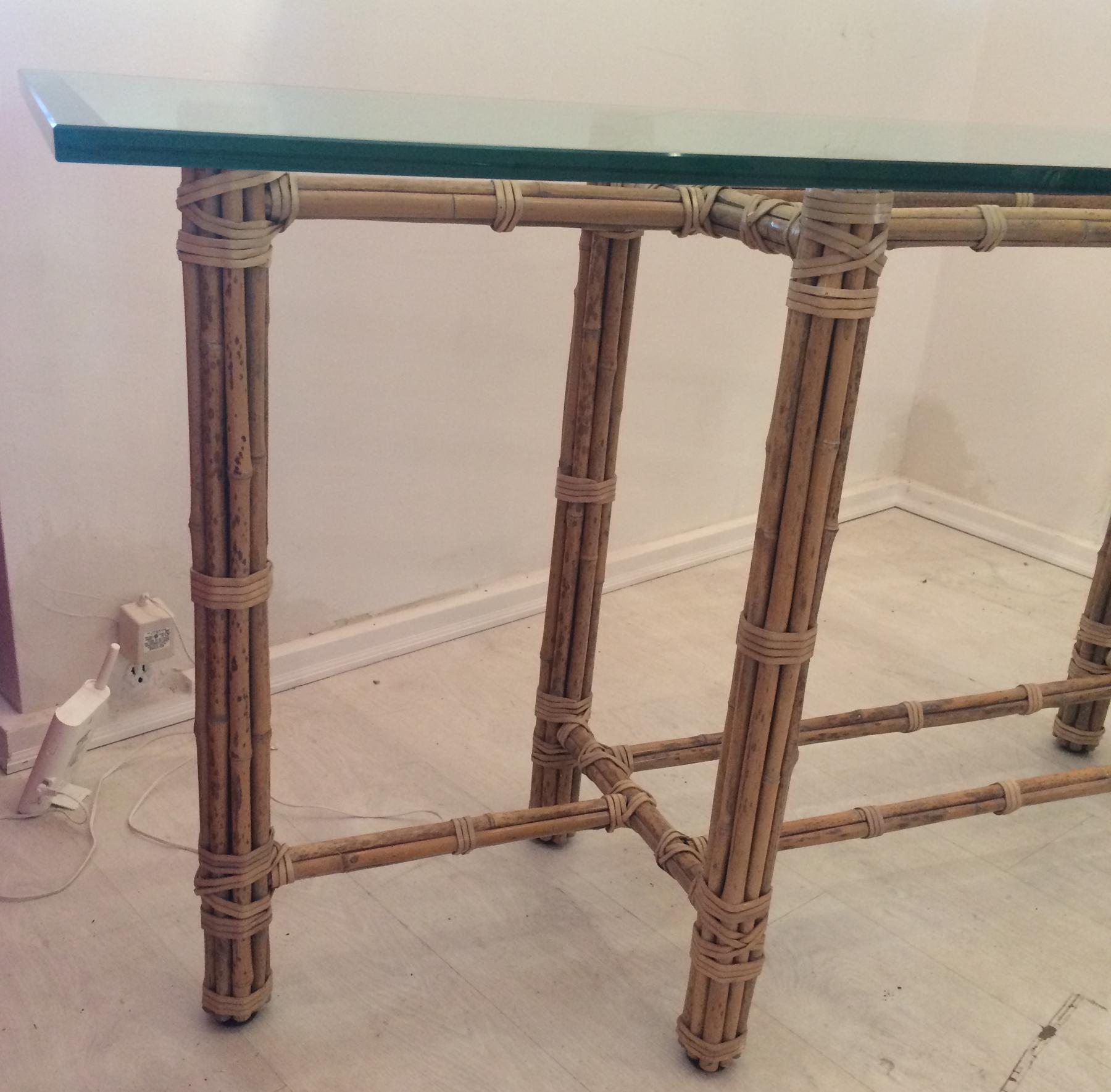Chinese Chippendale McGuire Console Table Bamboo and Rattan Wrapped With Raw Hide