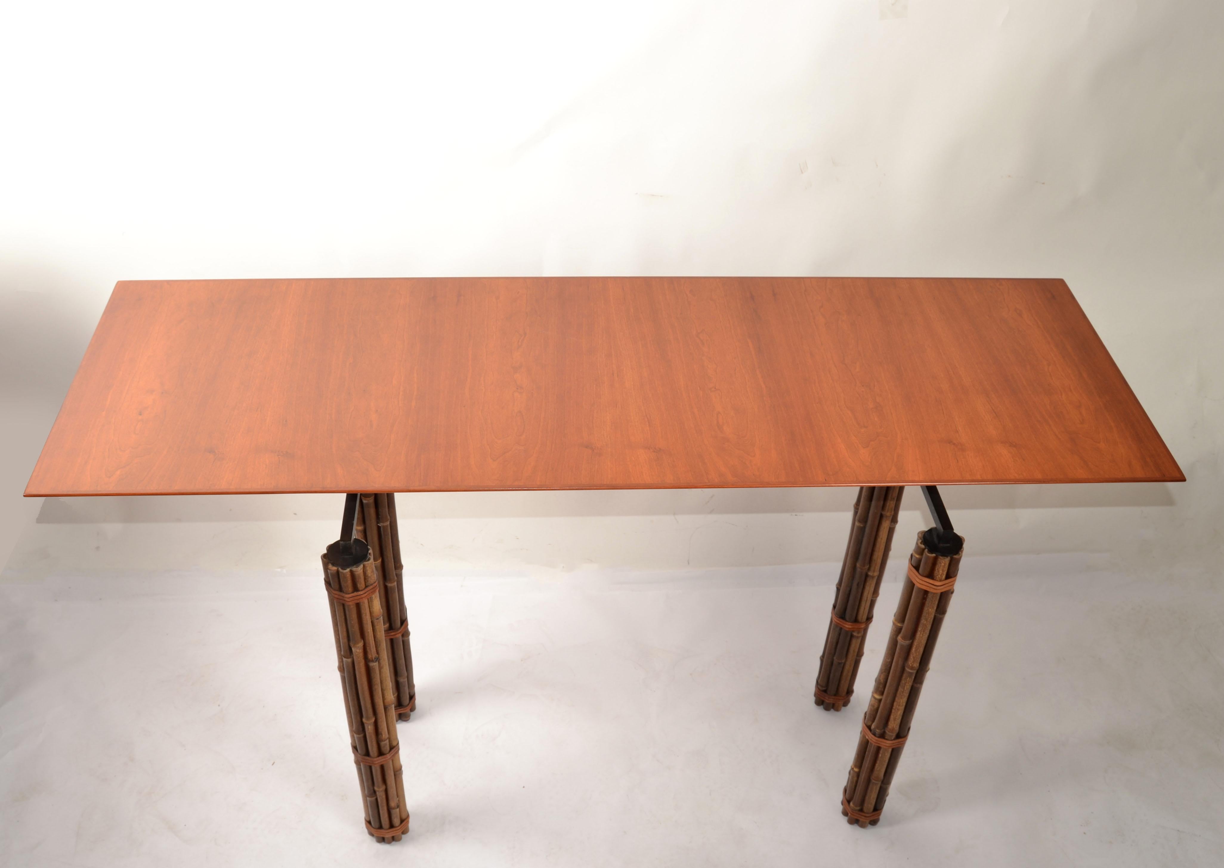 Cowhide McGuire Console Table Richard Hannum Huxley Collection Faux Bamboo Cherry Wood For Sale