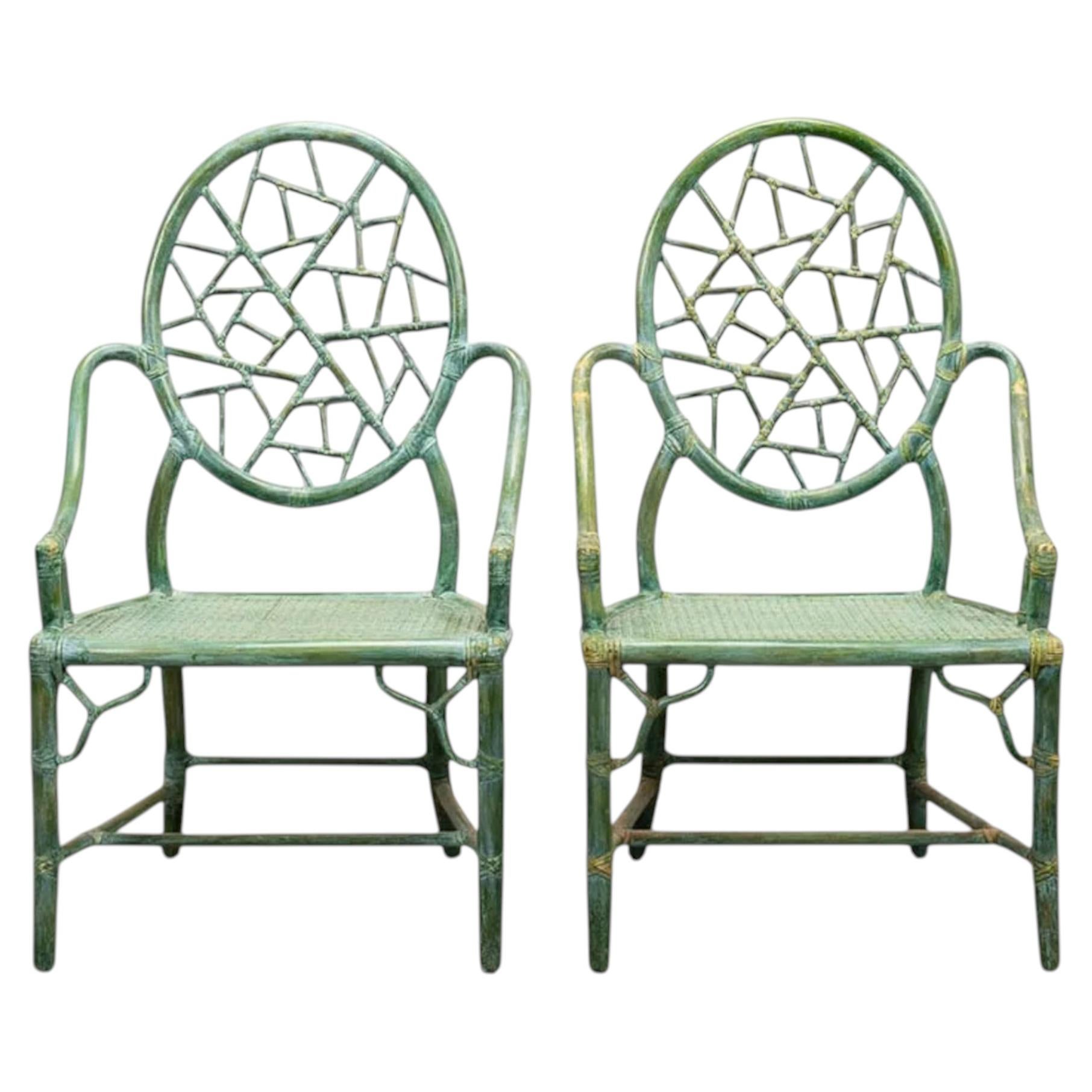 McGuire “Cracked Ice” Rattan Armchairs – Rawhide-Lashed, Custom Finish, Pair