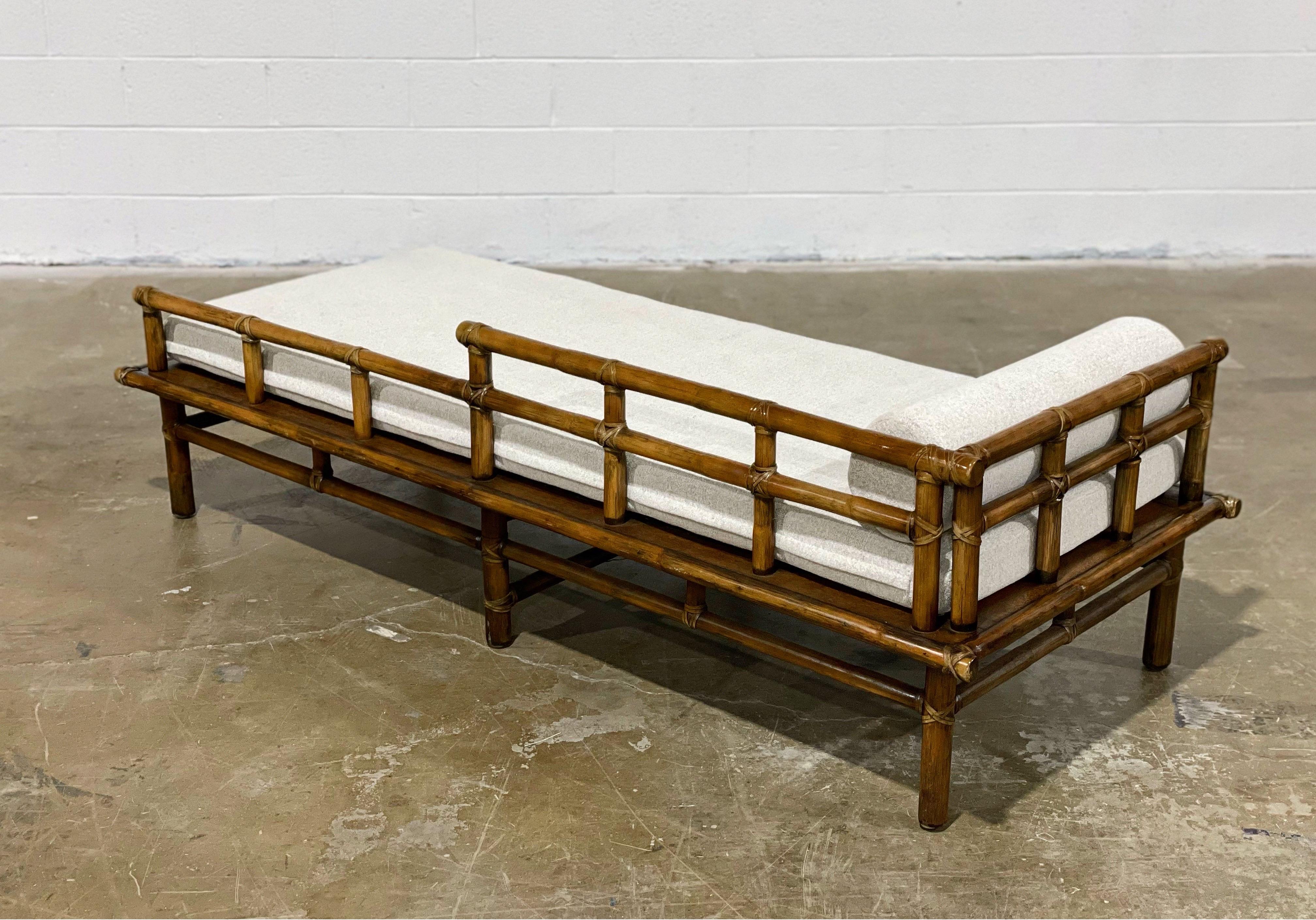 Mid-20th Century McGuire Daybed, Mid-Century Organic Modern Rattan Leather Chaise Lounge