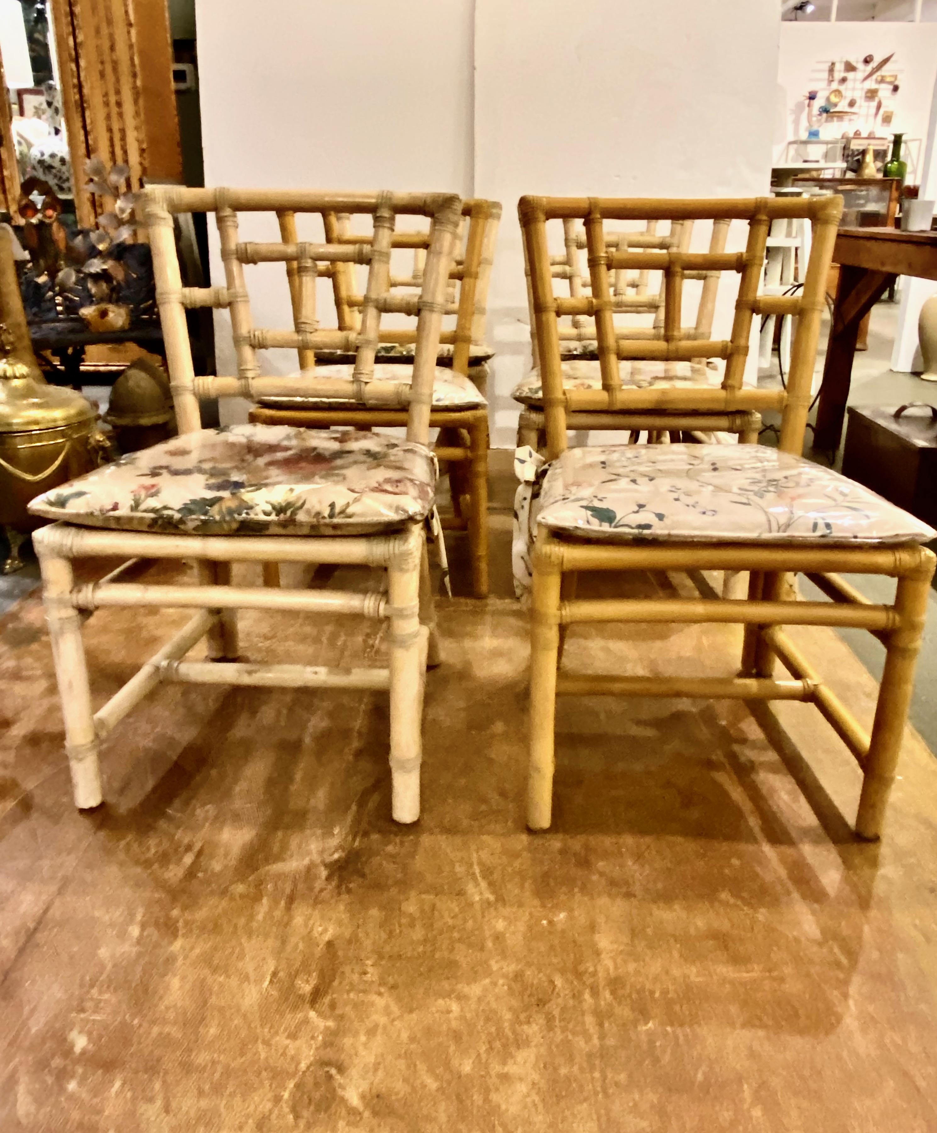 This is a very good set of 8 assembled McGuire dining chairs-- this set is a true representations of Coastal style. Six of the chairs are in a cerused/washed finish and two of the chairs are in a mustard yellow. The chairs retain their original