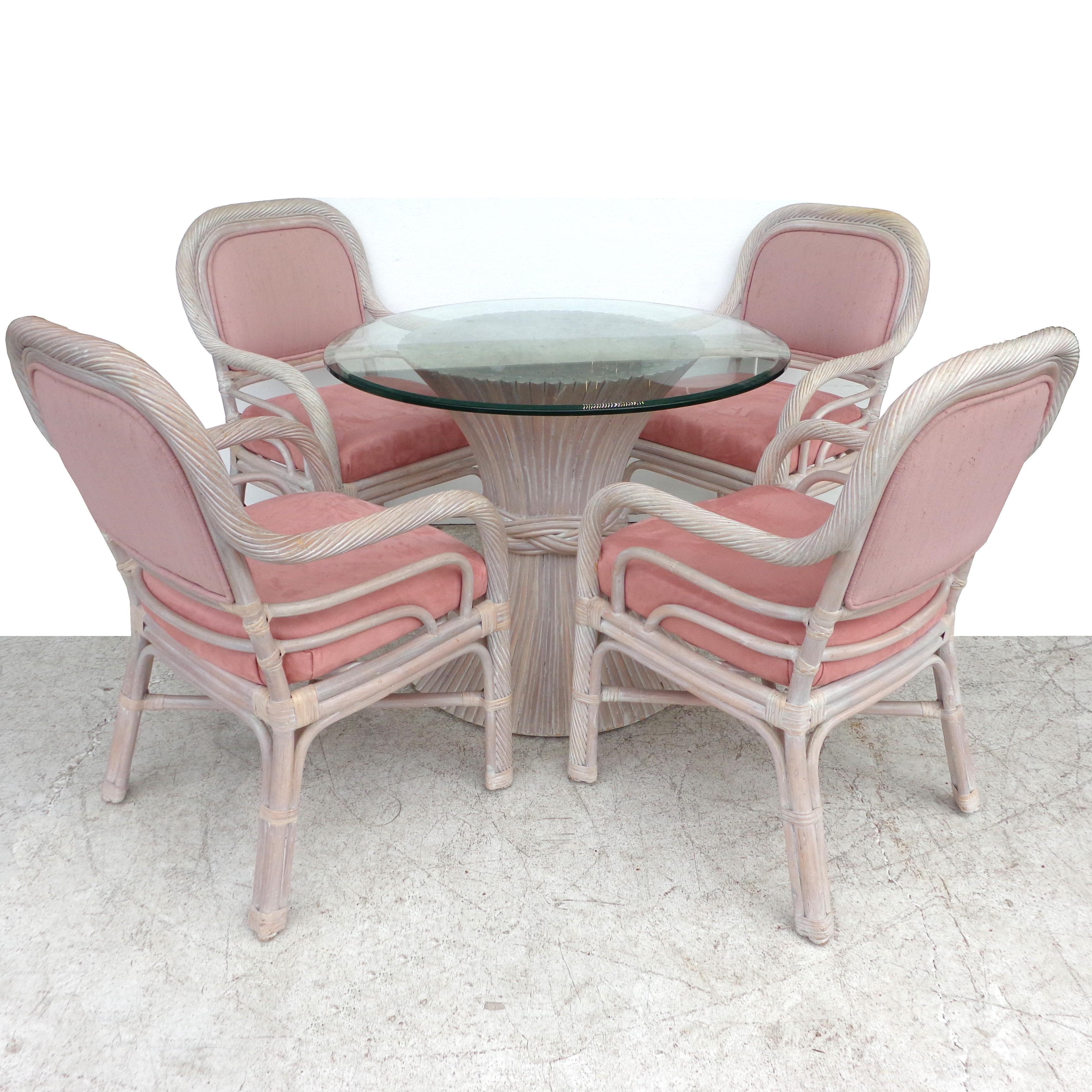 McGuire Dining Set

Featuring the classic wheat sheath dining table and 4 chairs.
The chairs are upholstered in a rich pink silk blend with a complimentary velour seat.
Chairs: 21.25