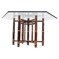 McGuire Dining Table, Rattan and Brass Base with Hexagon Glass Top