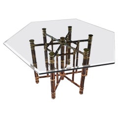 McGuire Dining Table, Rattan and Brass Base with Hexagon Glass Top