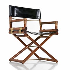 McGuire Silla de director X-Chair, cuero negro vintage, roble y latón