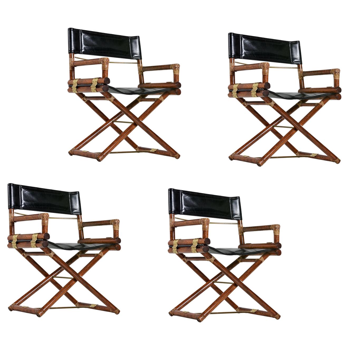 McGuire Director Chair X-Chair, Vintage Black Leather, Oak and Brass